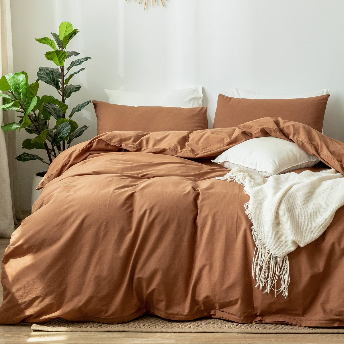 Moomee Bedding Duvet Cover Set 100% Washed Cotton Linen Like Textured Breathable Durable Soft Comfy (Dark Orange, Oversized Quee