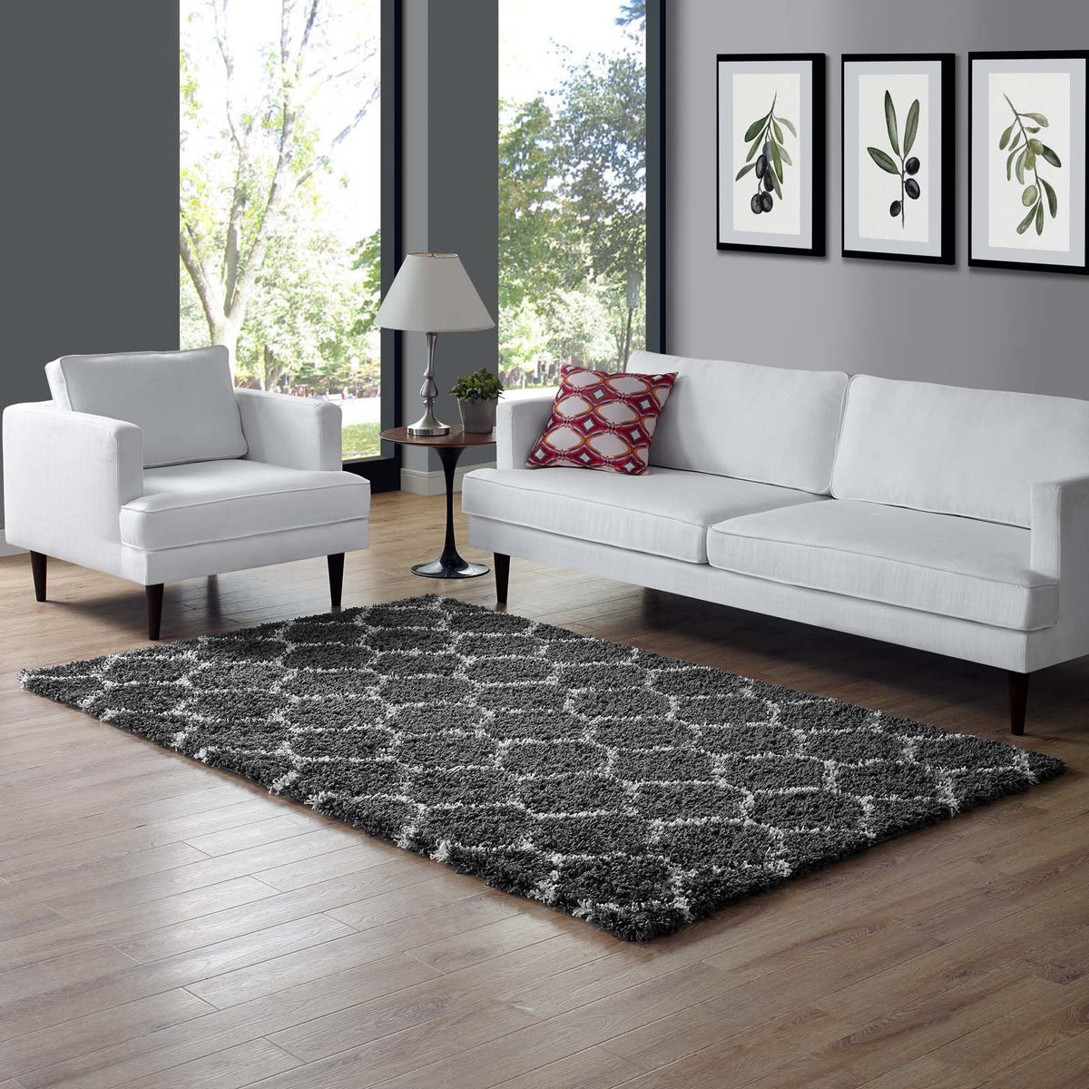 Modway Solvea Moroccan Trellis High Pile Shag 5X8 Area Rug With Lattice Design In Dark Gray And Ivory