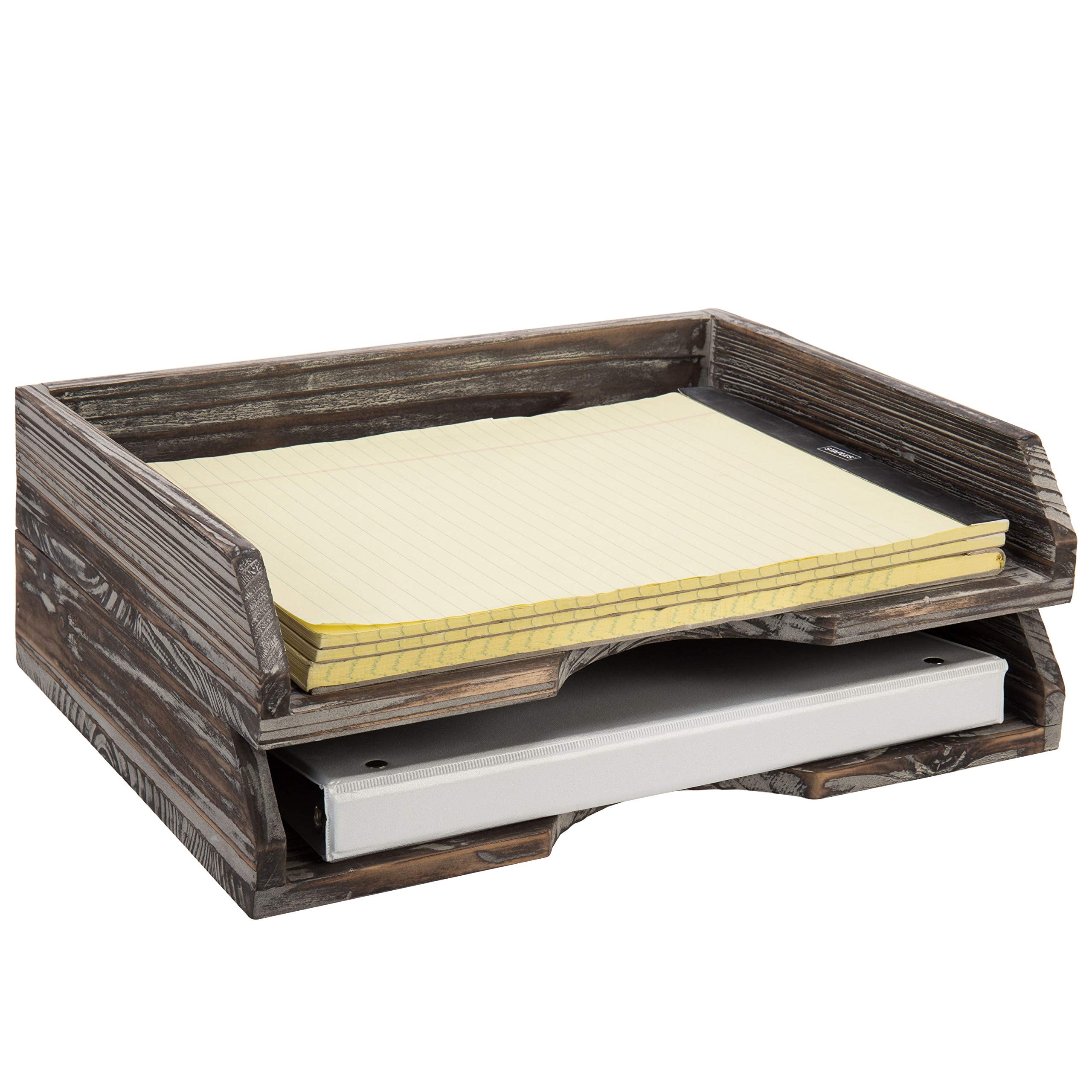 Mygift Set Of 2 Torched Wood Stacking Desk Paper Tray, Office Desktop Stackable Document File Folder And Mail Holder Organizer T