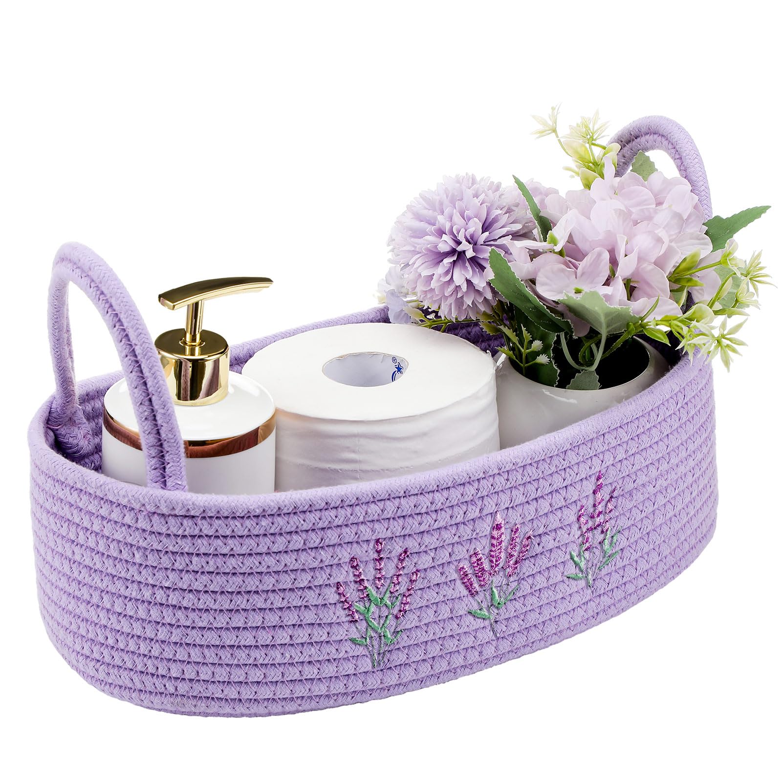 Vesici Storage Basket for Toilet Tank Top Lavender Purple Woven Cotton Rope Bathroom Countertop Toilet Paper Basket with Handle 