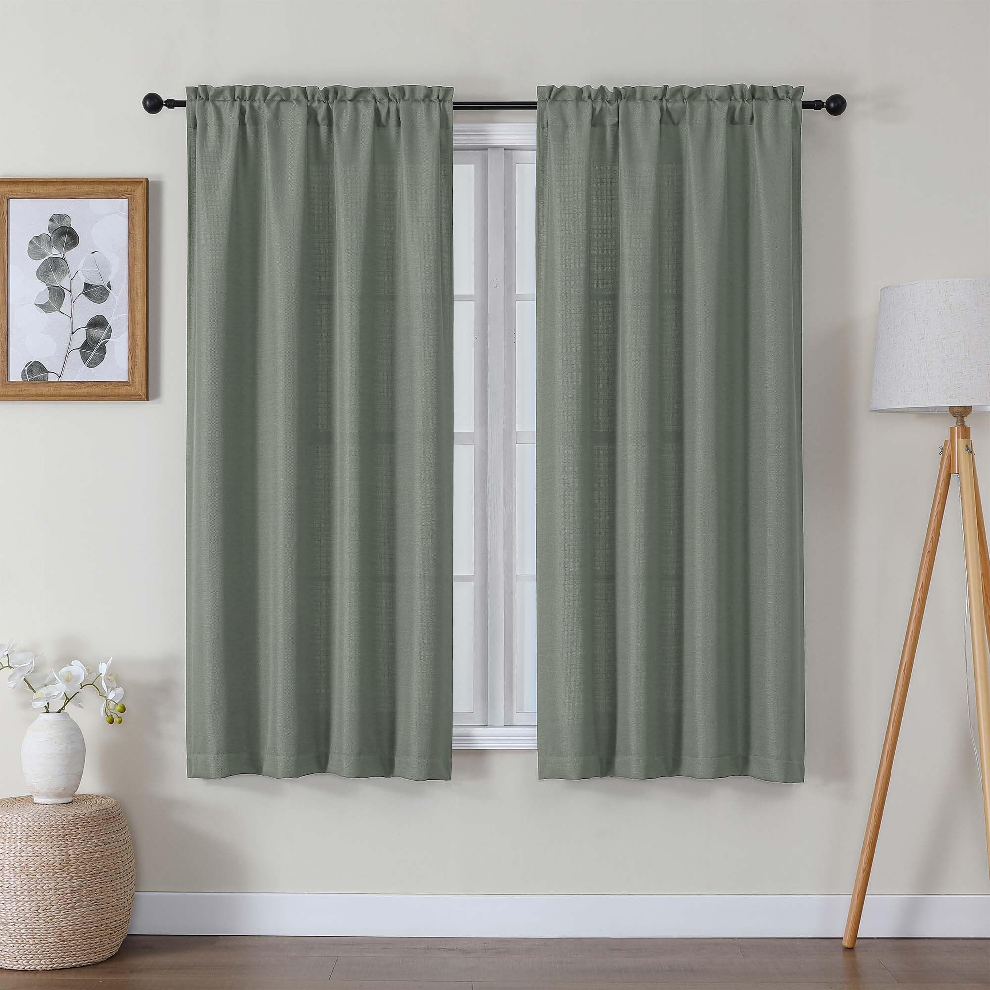 Lecloud Bessie Olive Green Curtains 63 Inch Length 2 Panels, Light Filtering Curtains for Bedroom, Faux Linen Textured Rod Pocke