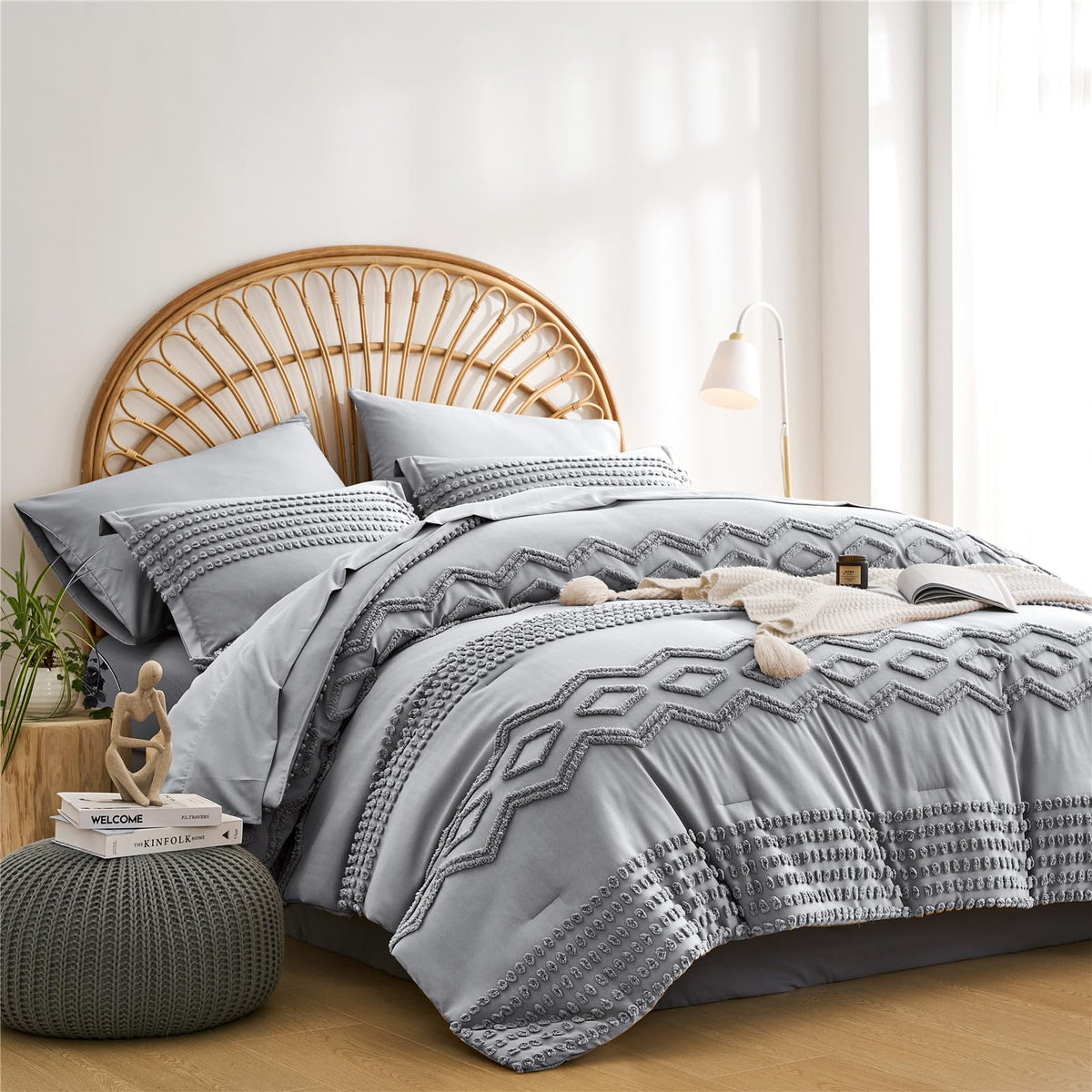 Kakijumn Grey Tufted Comforter Set King Size 7 Piece Bed In A Bag, Shabby Chic Boho Comforter And Sheet Set, Pom Pom Textured Be