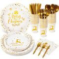 Tioncy 175 Pcs Merry Christmas Party Dinnerware Foil Dots Christmas Paper Plates Set Elk Disposable Xmas Plates Napkins Cups for