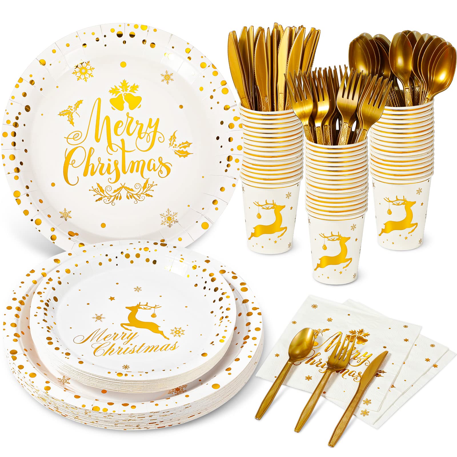 Tioncy 175 Pcs Merry Christmas Party Dinnerware Foil Dots Christmas Paper Plates Set Elk Disposable Xmas Plates Napkins Cups for
