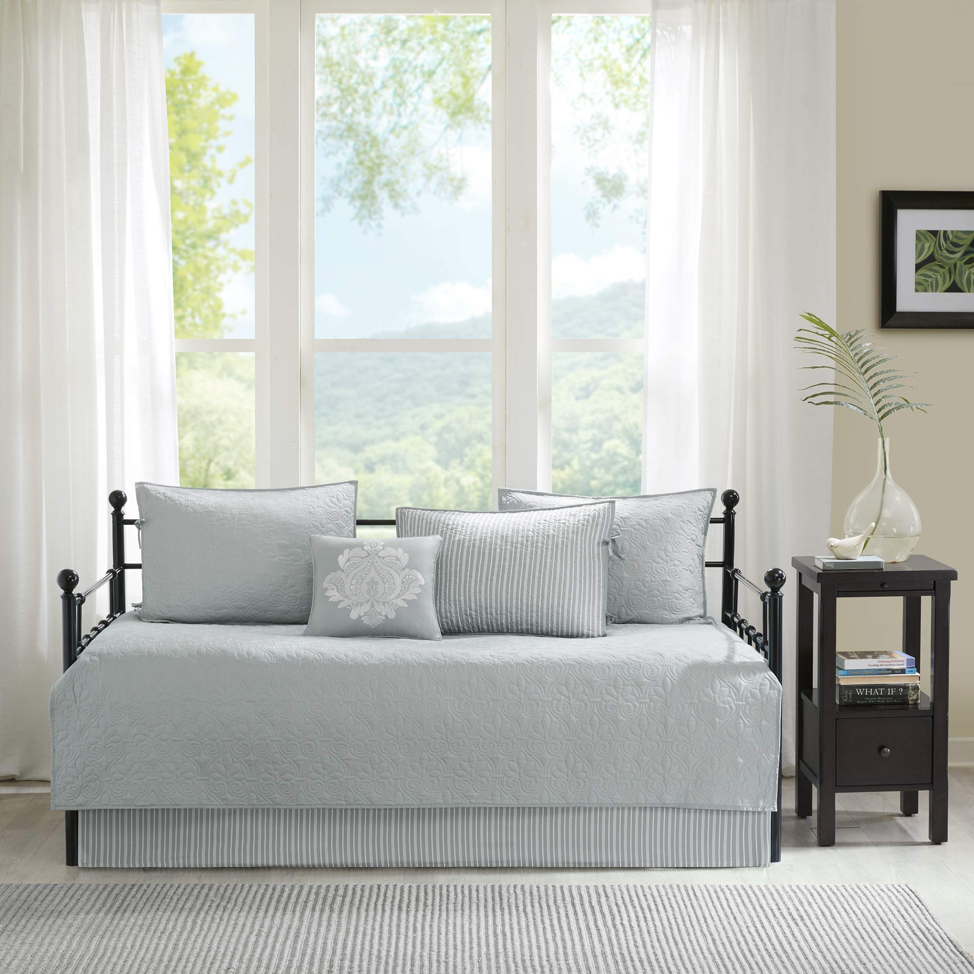 Madison Park Cotton Daybed Cover Set-Double Sided Quilting Classic Cottage Design All Season Bedding With Bedskirt, Matching Shams, Decorative Pillow, 75'X39', Quebec Grey 6 Piece