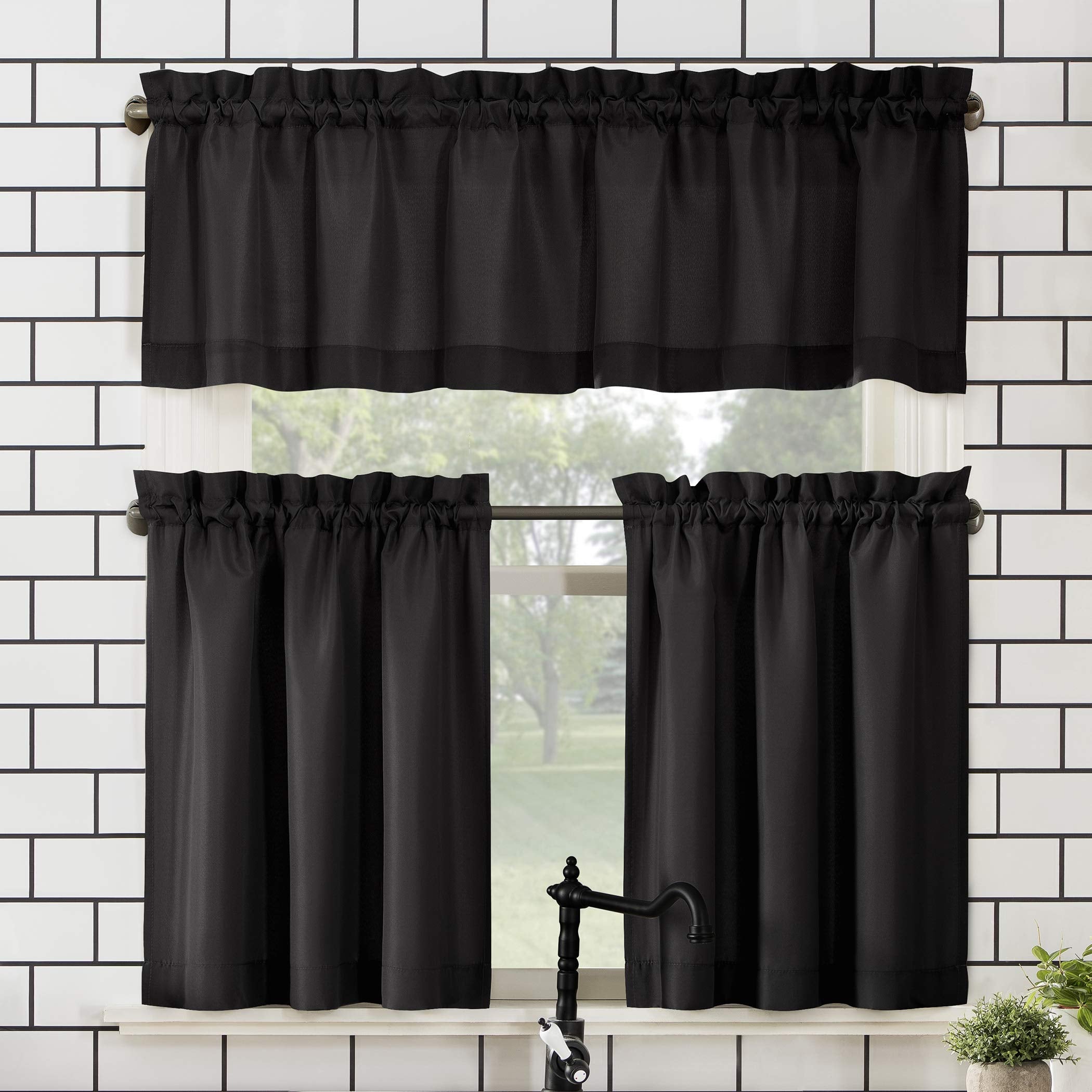 No. 918 Martine Microfiber Semi-Sheer Rod Pocket Kitchen Curtain Valance and Tiers Set, 54 x 36, Black