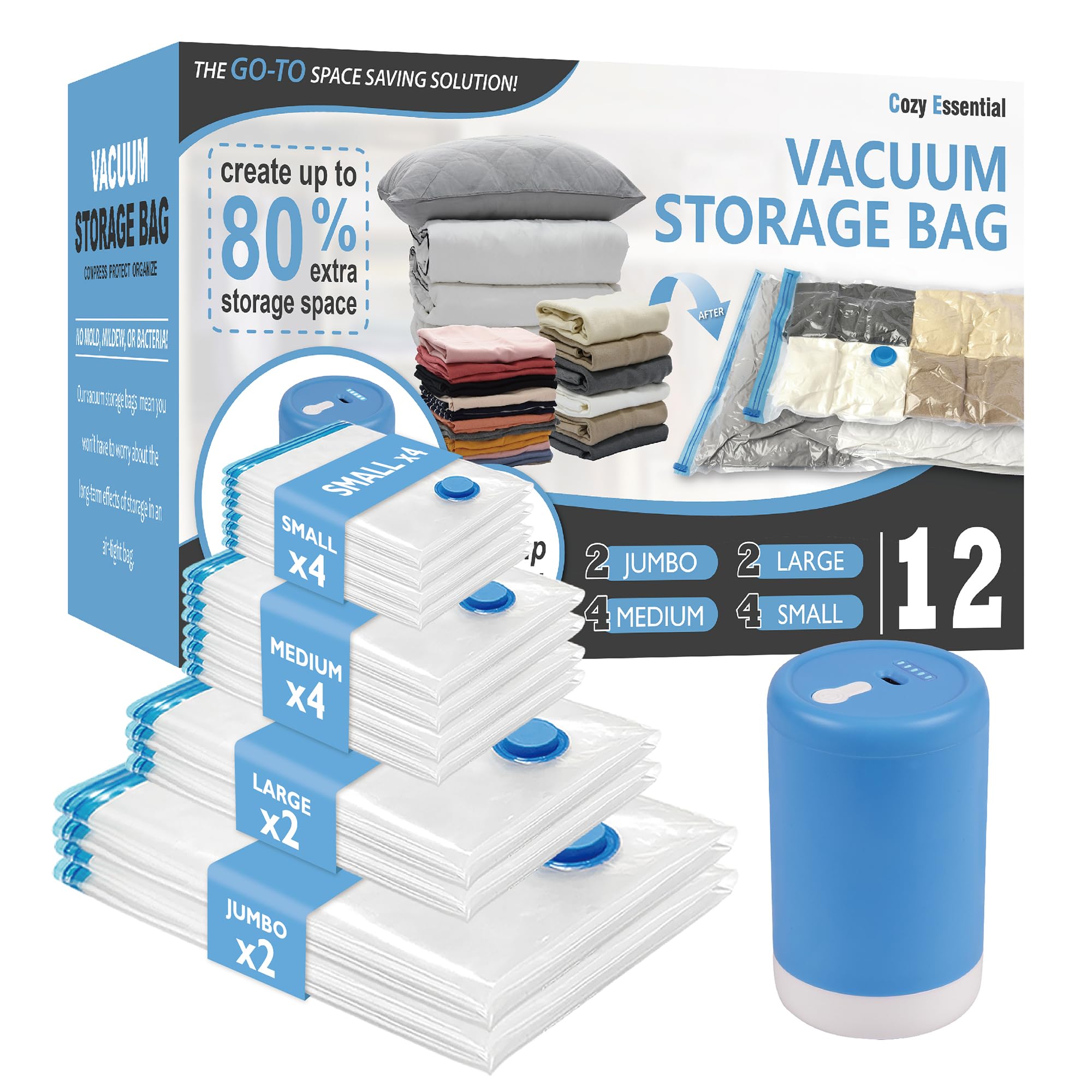 Vacuum Storage Bags with Electric Pump, 12 Pack (2 Jumbo/2 Large/4 Medium/4 Small) Vacuum Seal Space Saver Bags for Clothing, Pi