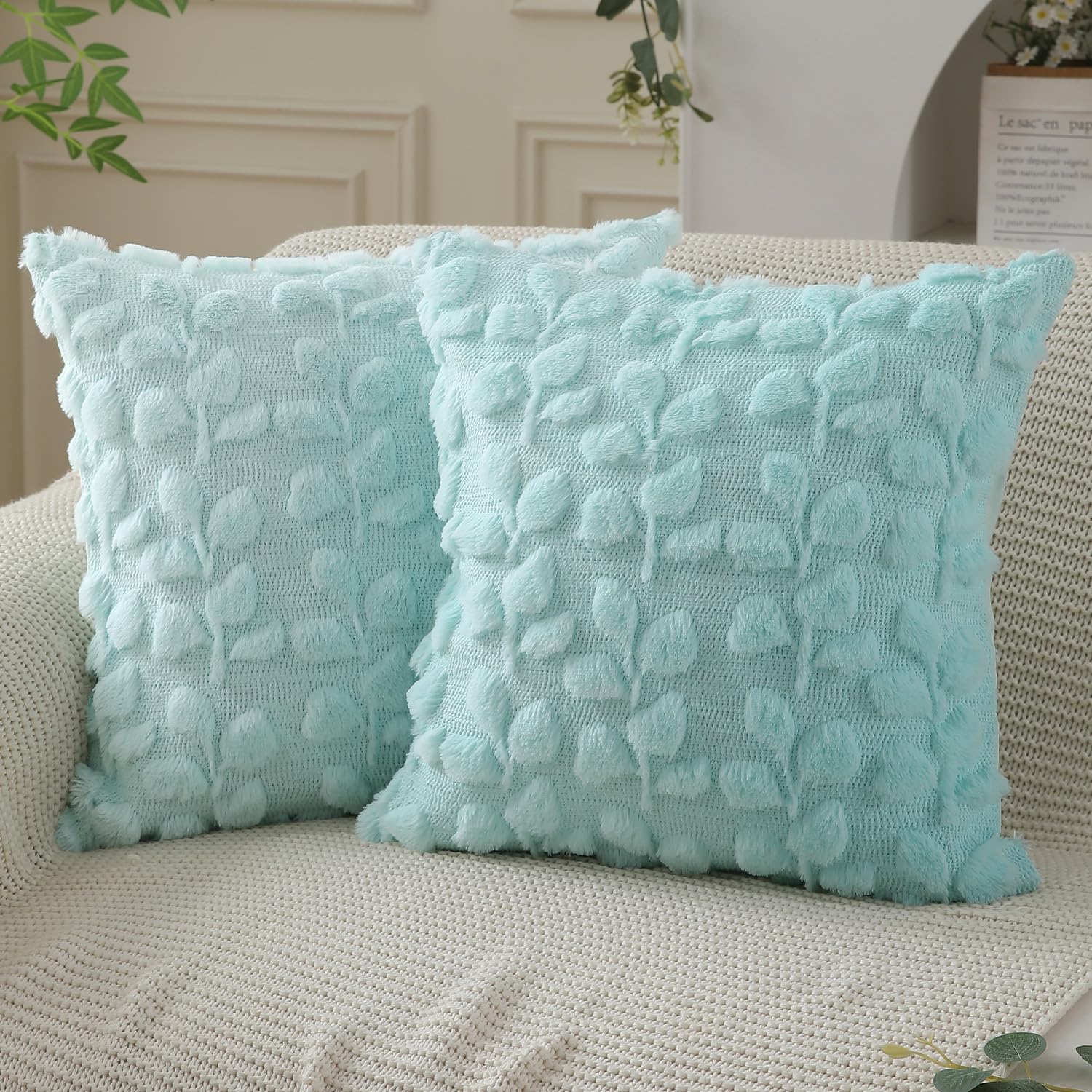 Dfxsz Spring Pillow Covers 16X16 Inch Set Of 2 Farmhouse Decor Green Eucalyptus Leaves Soft Plush Faux Fur Jacquard Spring Summe