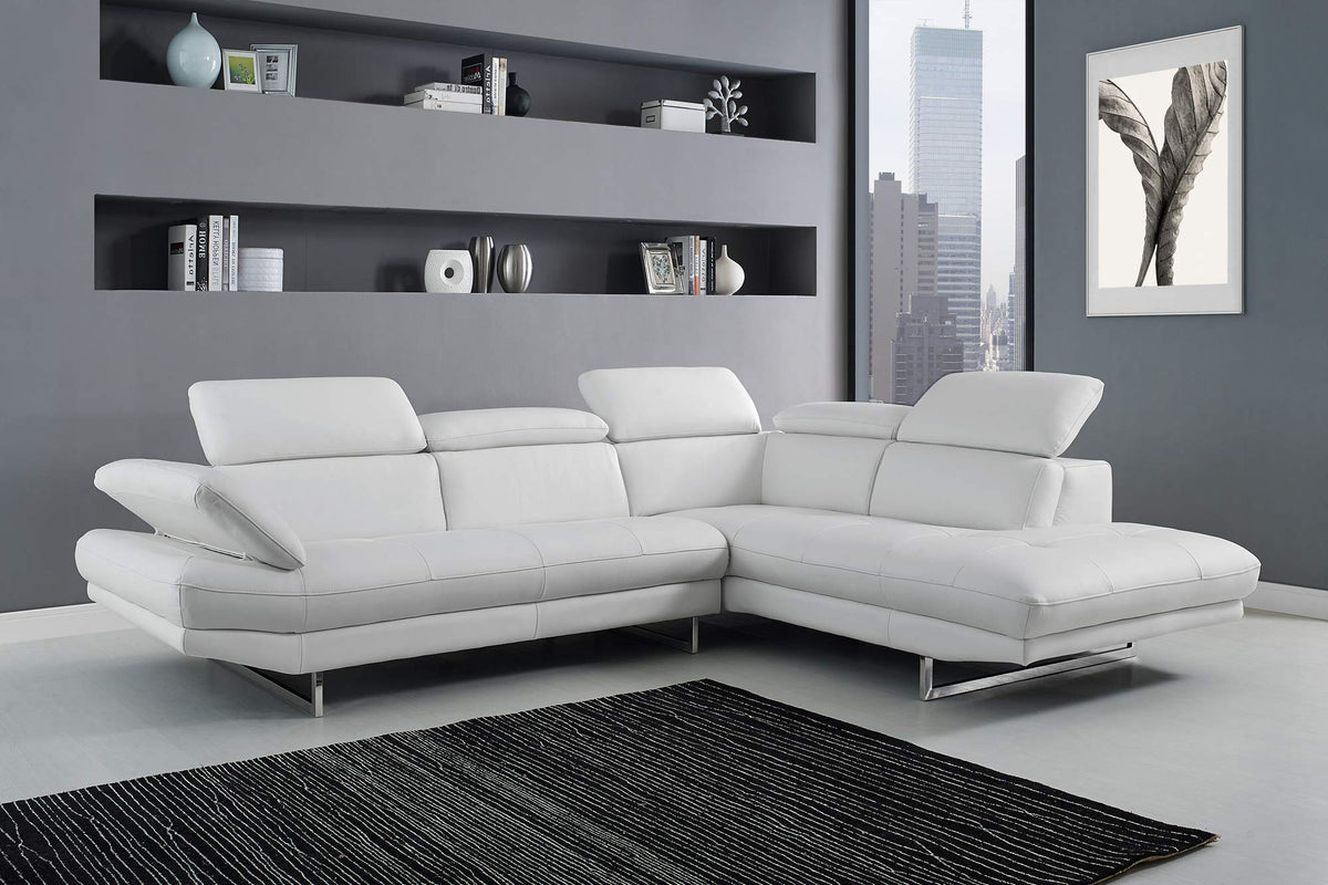 HomeRoots Furniture Sectional, Chaise On Right When Facing, White Top Grain Italian Leather, Adjustable Headrest (320885)