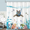 Fowocu Funny Cat Shower Curtain Teal Blue Sea Ocean Waterproof Fabric Shower Curtains For Bathroom With Animal Octopus Starfish