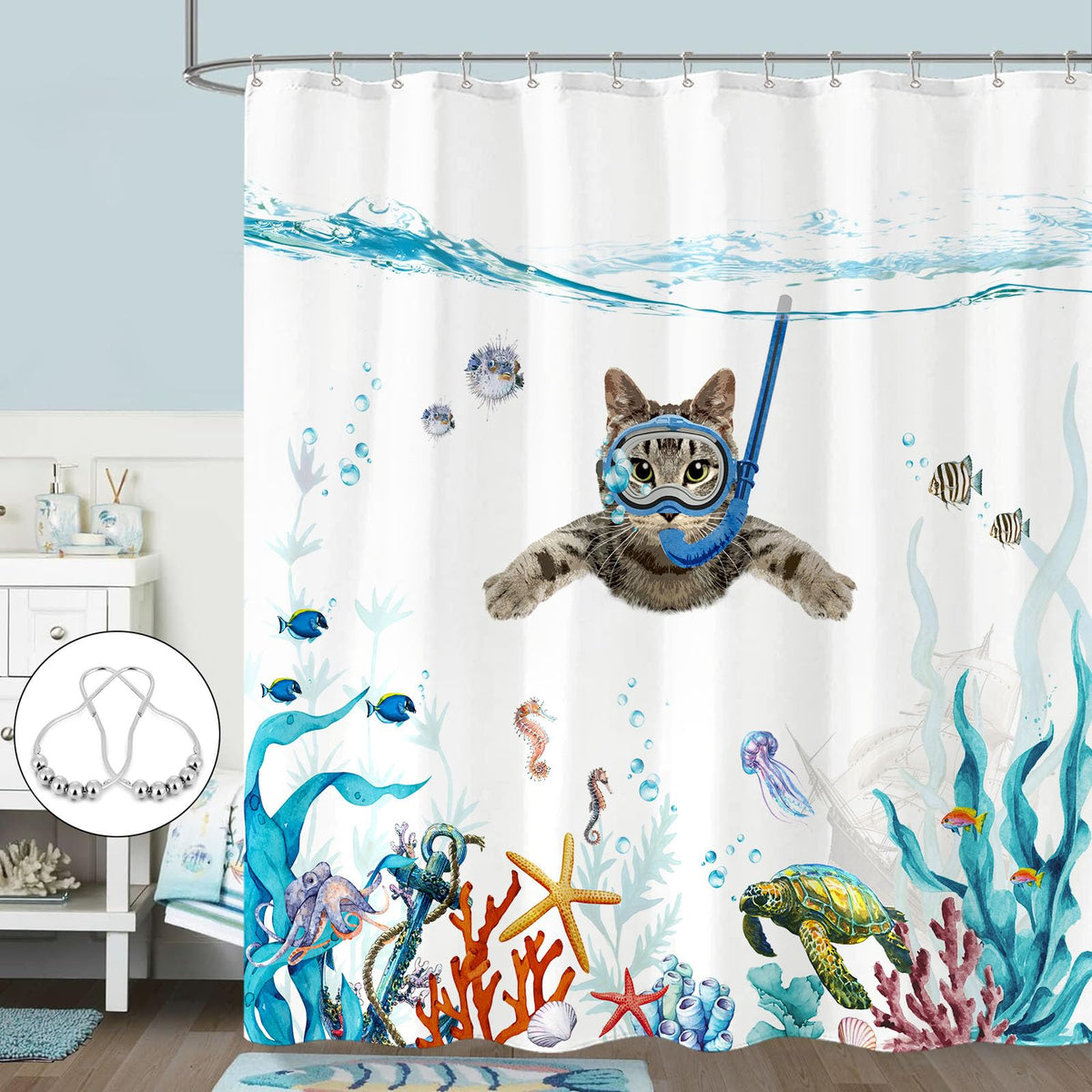Fowocu Funny Cat Shower Curtain Teal Blue Sea Ocean Waterproof Fabric Shower Curtains For Bathroom With Animal Octopus Starfish
