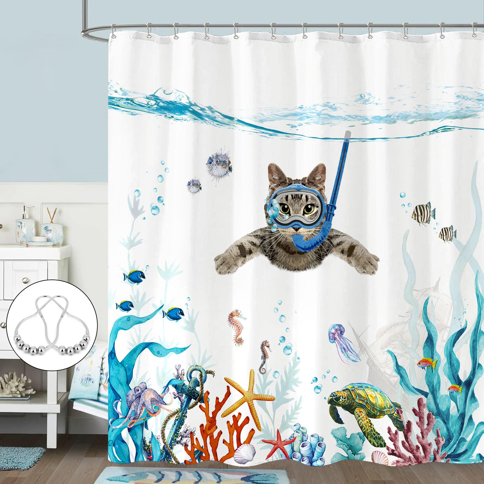 Fowocu Funny Cat Shower Curtain Teal Blue Sea Ocean Waterproof Fabric Shower Curtains For Bathroom With Animal Octopus Starfish