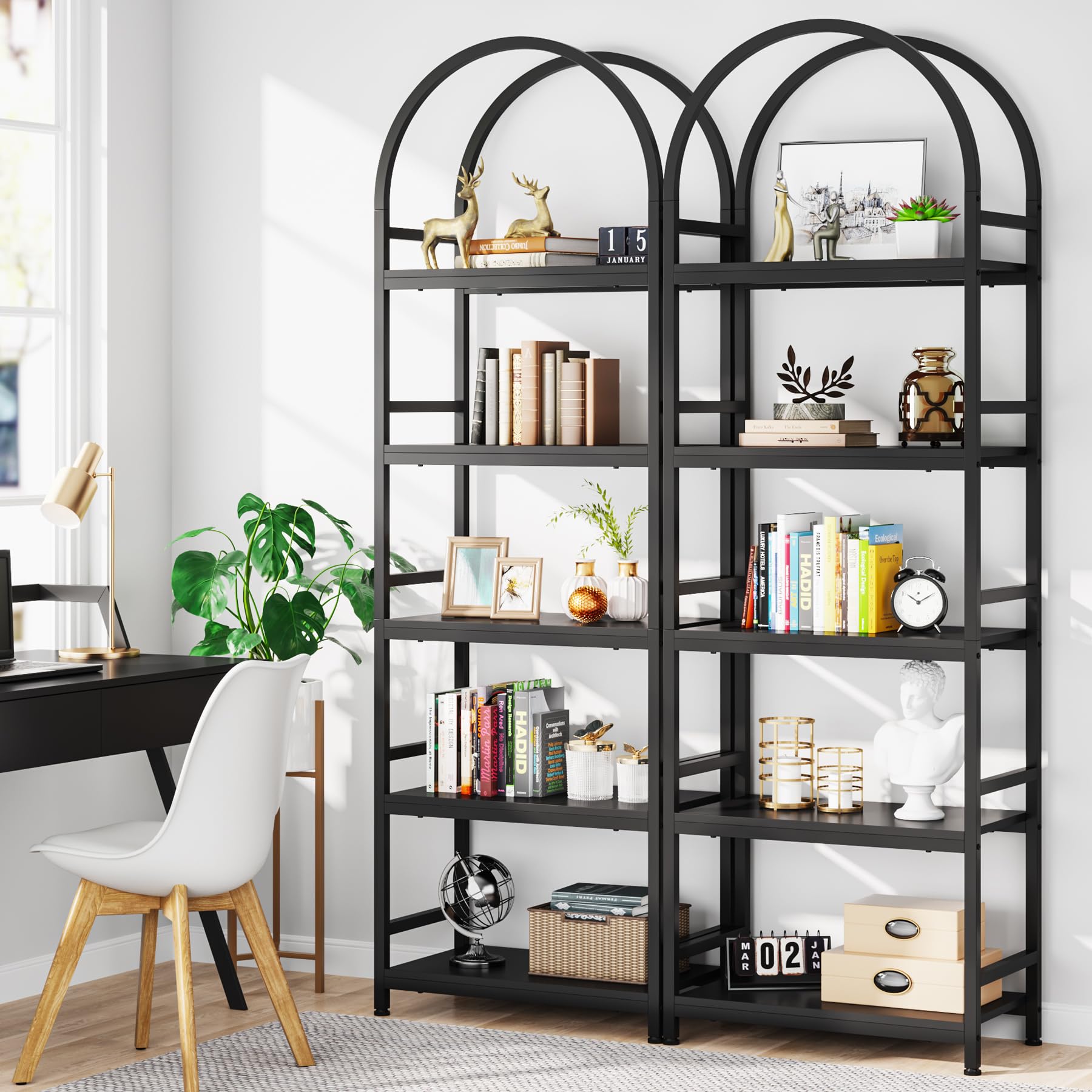 Tribesigns 5-Tier Open Bookshelf Set Of 2, 74.4' Wood Bookcase Storage Shelves With Metal Frame, Freestanding Display Rack Tall Shelving Unit For Office, Bedroom, Living Room (Black, 2Pcs)