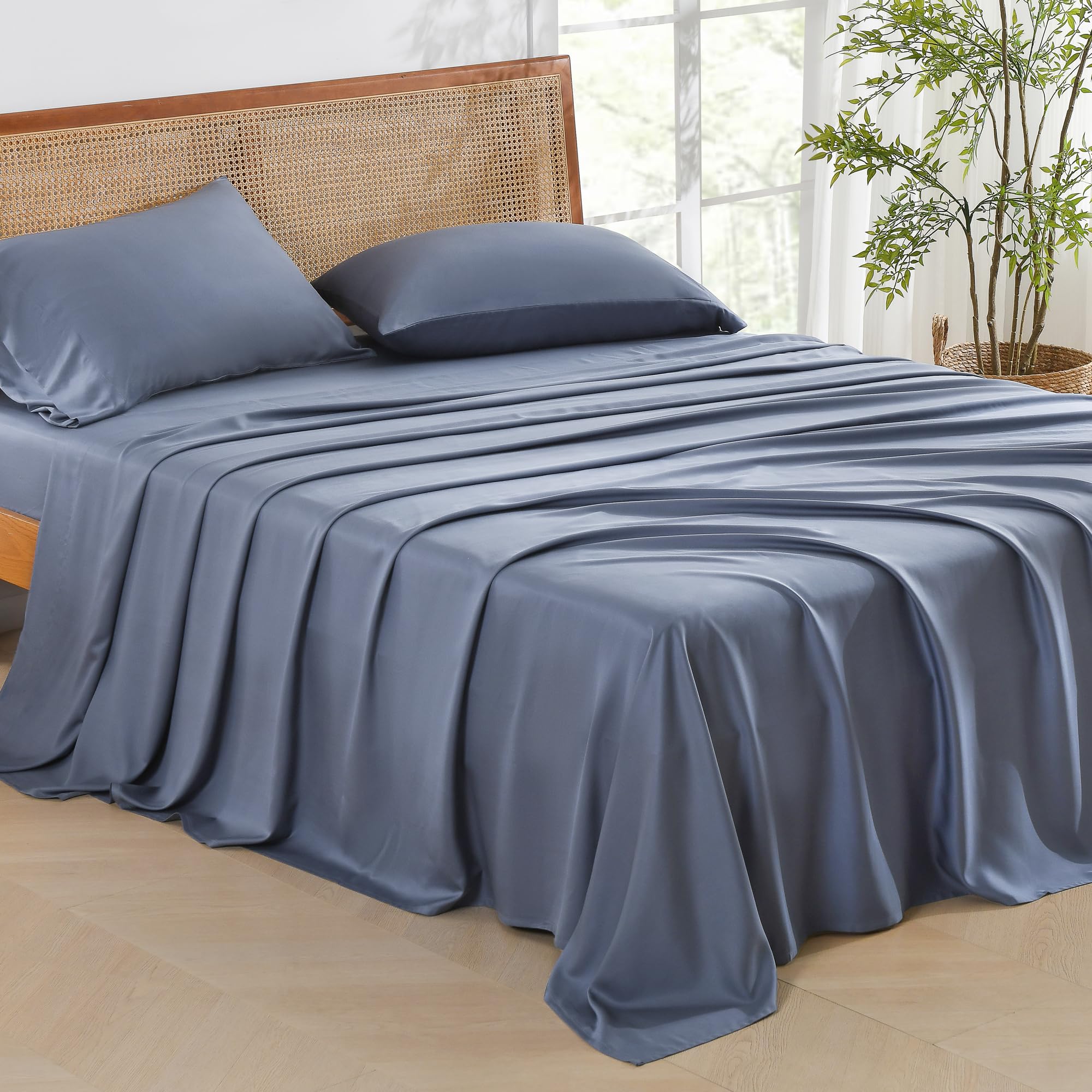 Andency Dark Blue Grey Full Size Bed Sheets, 100% Viscose Derived From Bamboo, Cooling Full Sheets, Deep Pocket Up To 16', Silky Soft Bed Sheets, Hotel Luxury Breathable Bedding Sheets & Pillowcases…