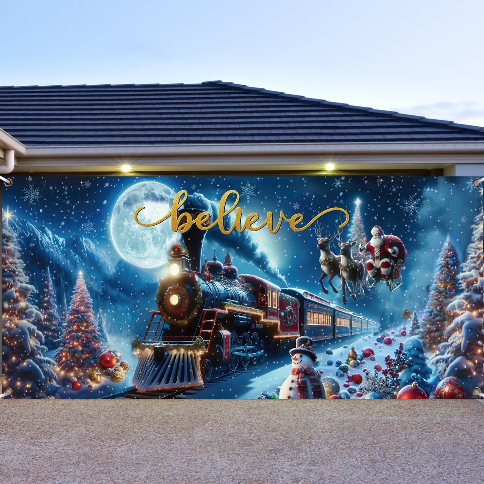 Preboun Christmas Polar Believe Garage Door Decoration 7 X 16 Ft Vintage Believe Train Garage Door Banner Cover Polar Santa Gara