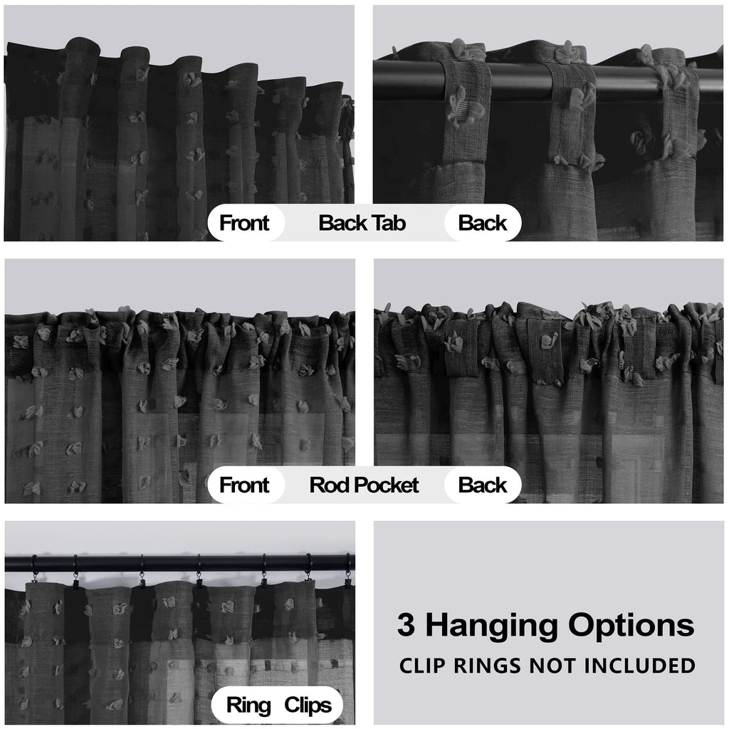 Koufall Black Curtains For Window Bedroom 63 Inch Length 2 Panels Set Lace Pom Pom Back Tab Rod Pocket Modern Chic Semi Sheer Black Curtains For Living Room Dining Room