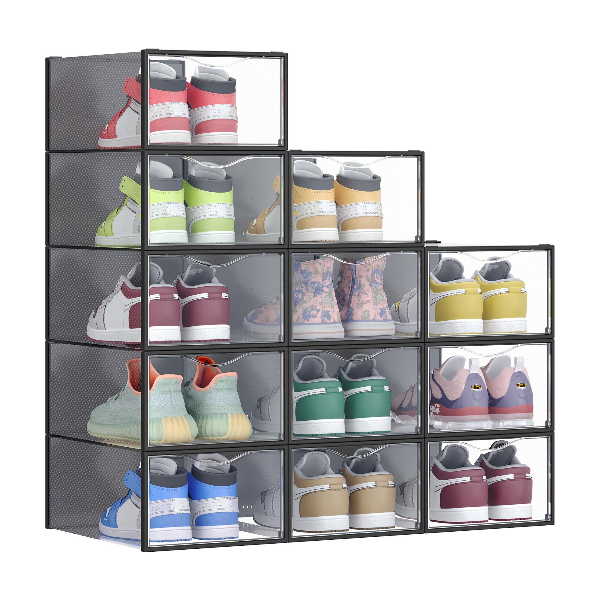 SONGMICS Stackable Shoe Boxes, Set of 12 Plastic Shoe Organizers with Door, Transparent, Easy Assembly, 9.1 x 13.1 x 5.6 Inches,