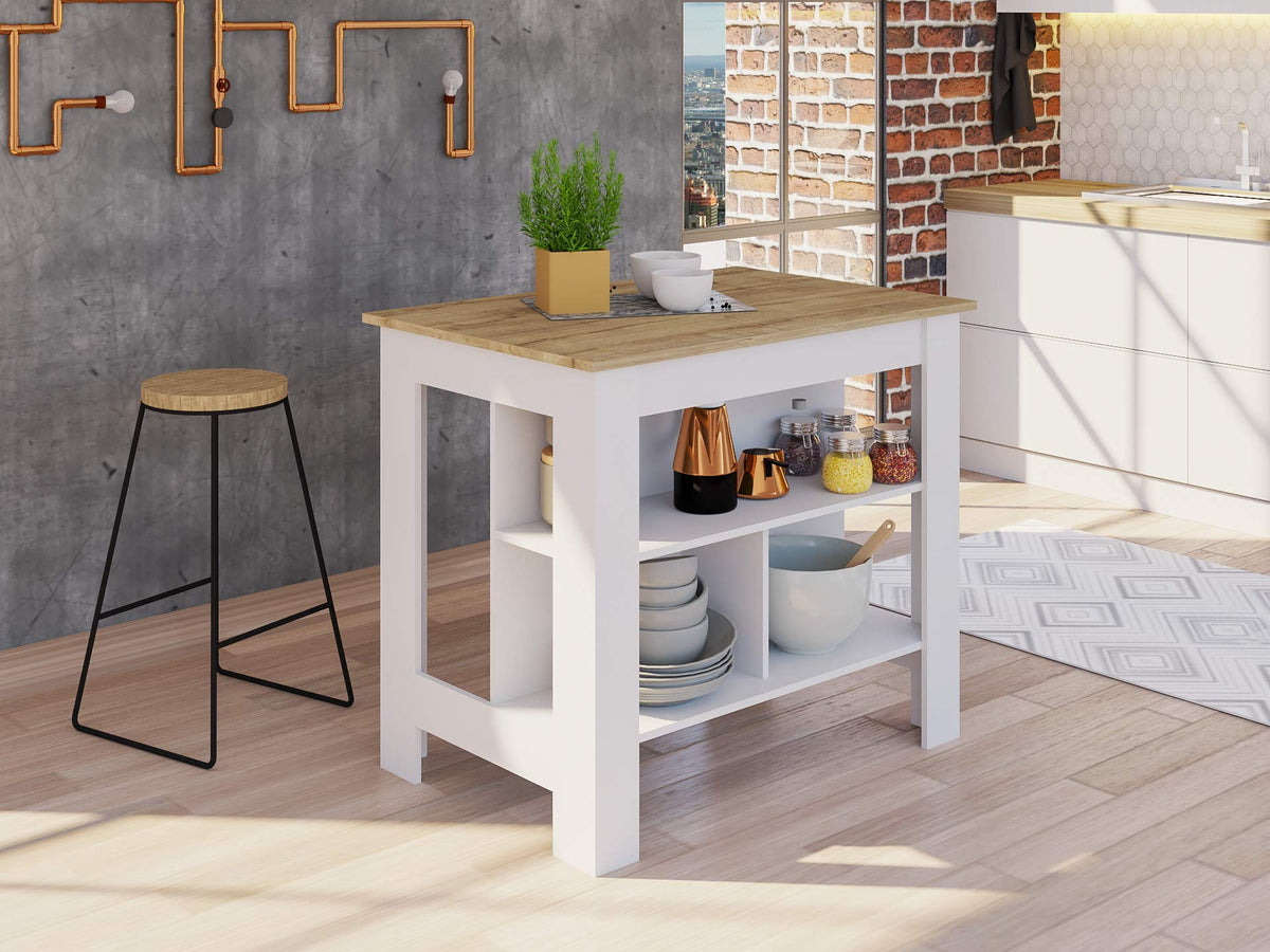 Kitchen Island, Kitchen Table 35&quot; H, 4 Legs, 3 Open Storage Shelves, White/Light Oak