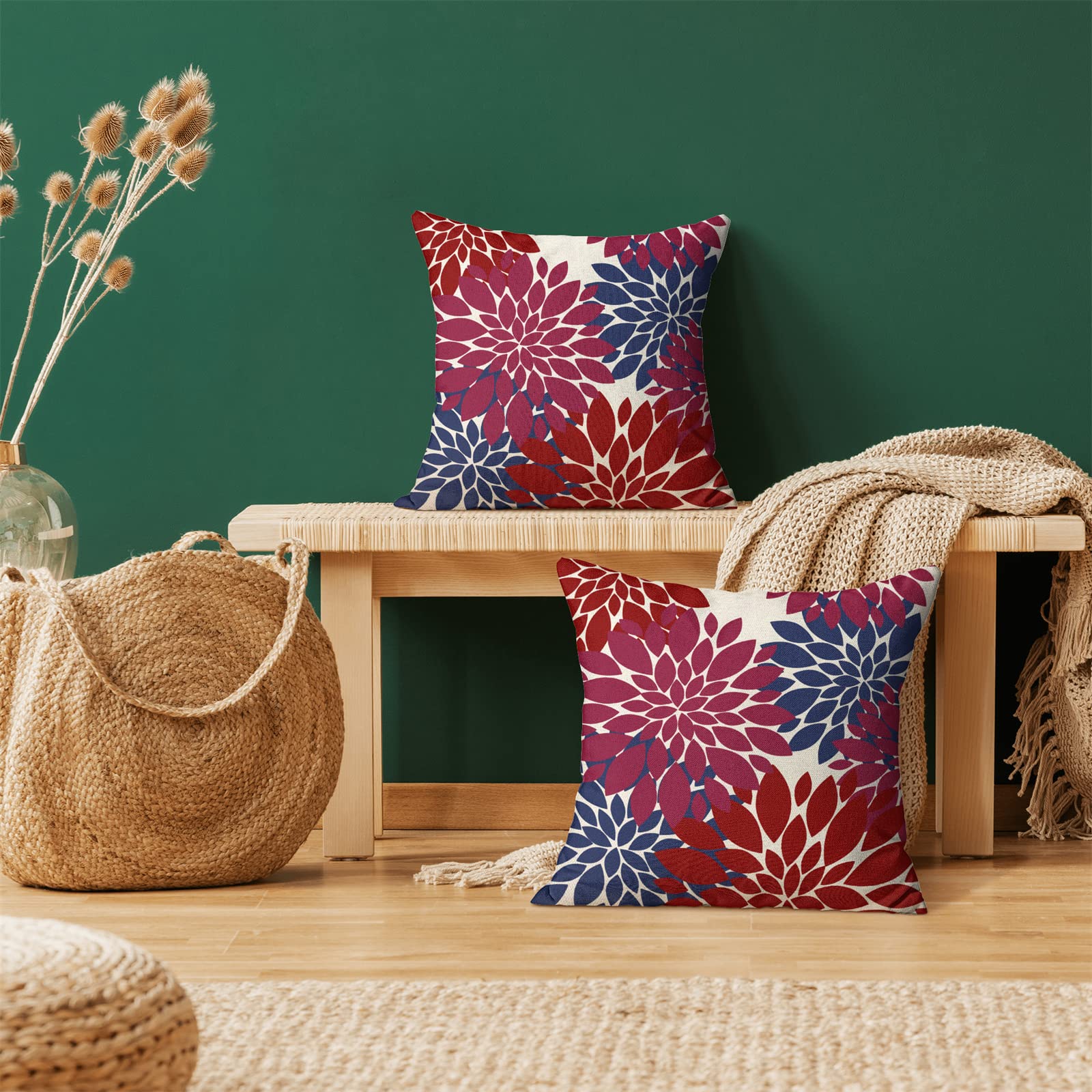 Cxmeifly Burgundy Red Navy Blue Pillow Covers 18X18 Inch Set Of 2 Dahlia Floral Decor Throw Pillows Summer Modern Geometry Flowe