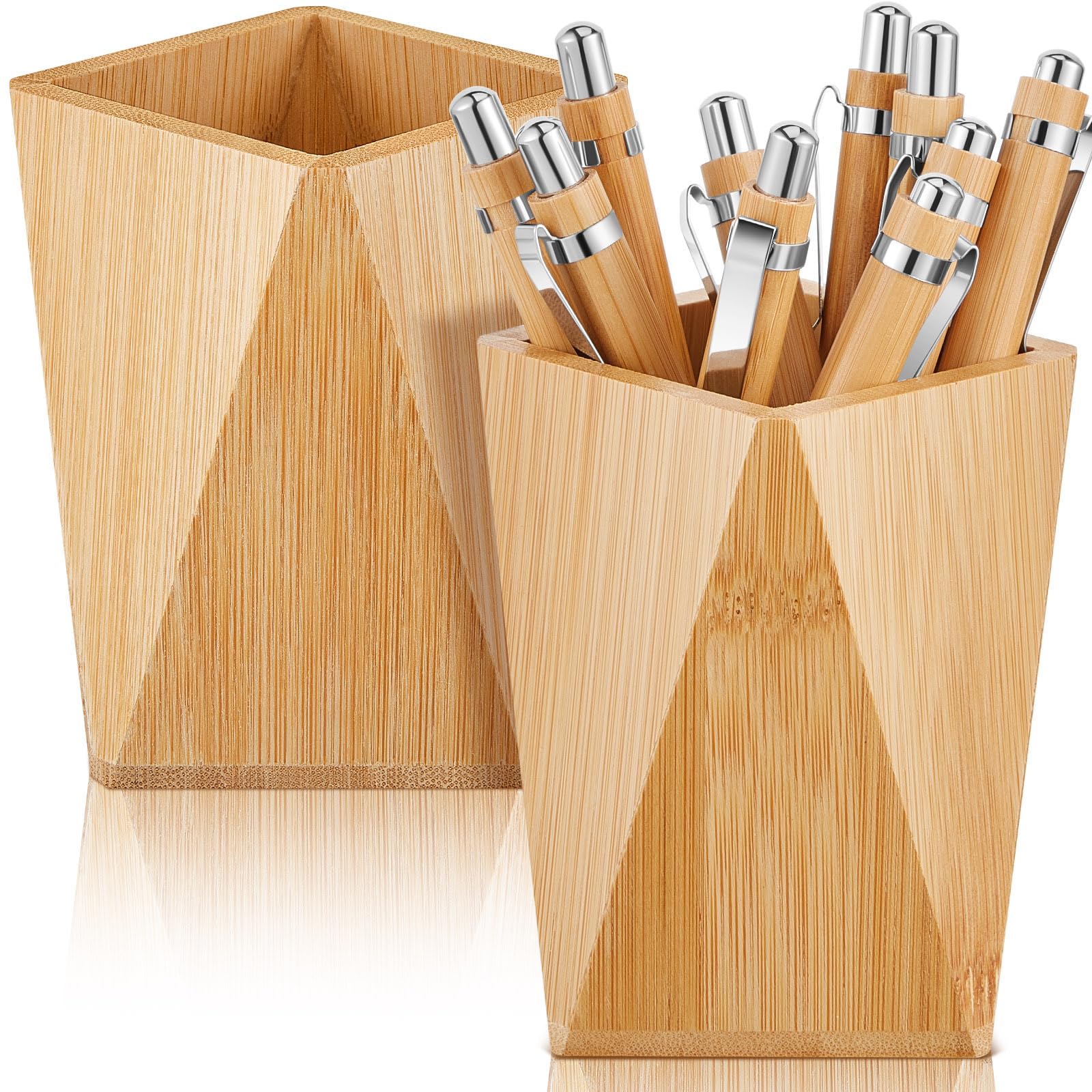 Henoyso 2 Pcs Bamboo Pen Pencil Holder Geometric Pencil Cup Pencil Holder For Desk Wood Pencil Holder Geometric Pencil Stand Bam