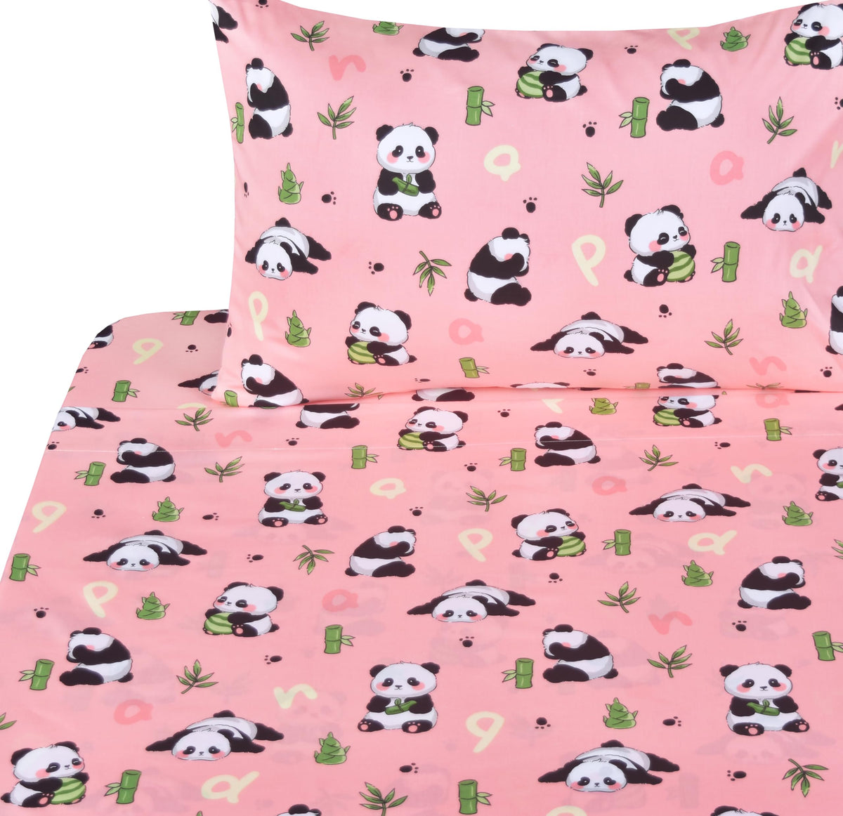 J-Pinno Pink Panda Bamboo Cute Twin Bed Sheet Set For Kids Girls Boys Children,100% Cotton, Flat Sheet + Fitted Sheet + Pillowca