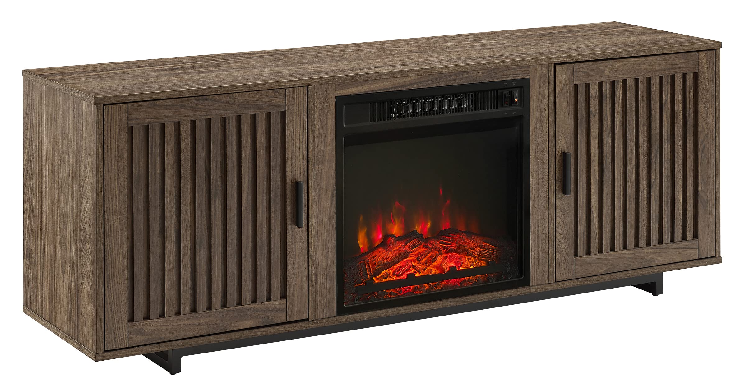 Crosley Furniture Silas Low Profile Fireplace TV Stand for 65+ inch TVs, Entertainment Center with Shelves, Walnut
