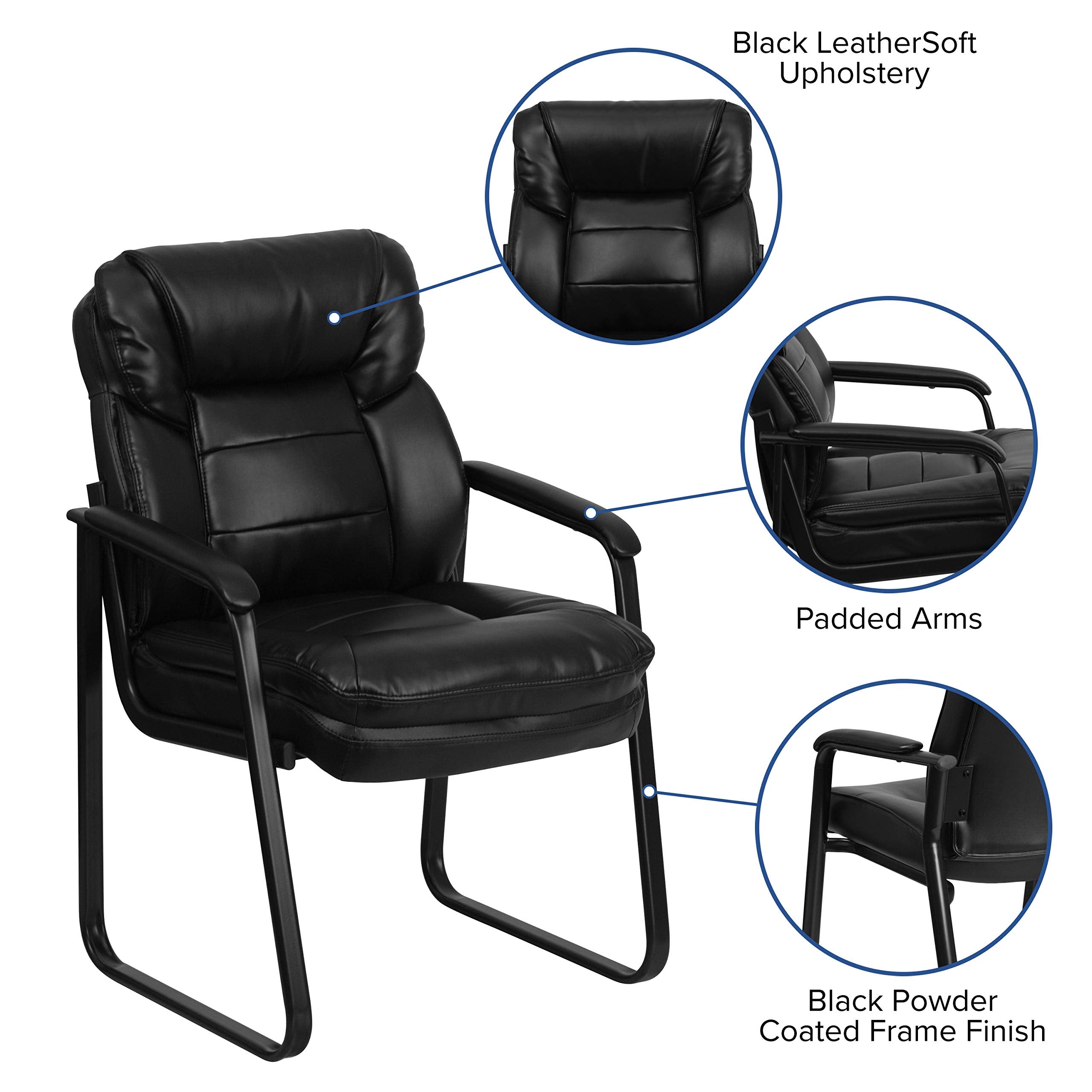 Flash Furniture Isla LeatherSoft Executive Side Reception Chair with Padded Arms and Sled Base, Upholstered Side Chair for Living Room/Office, Black
