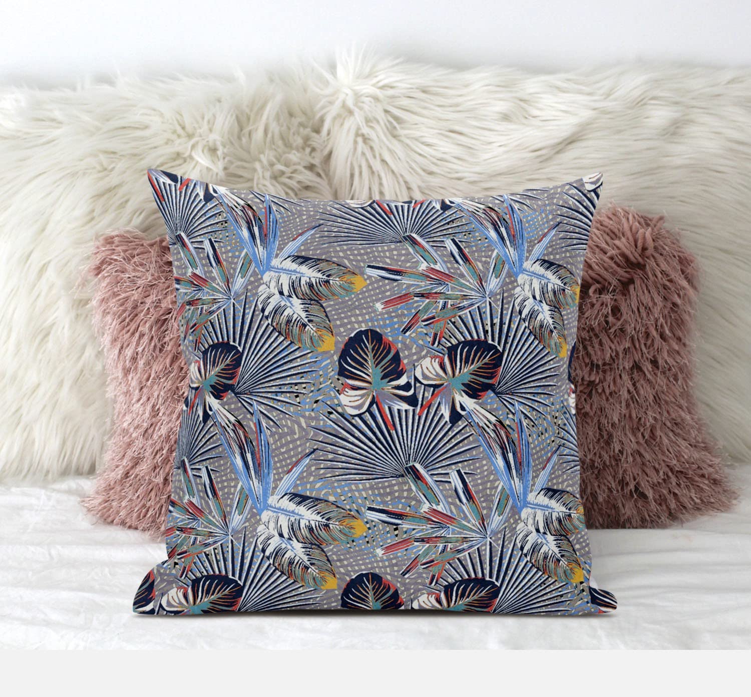 HomeRoots Gray Cream 16â€ Indigo Gray Tropical Zippered Suede Throw Pillow