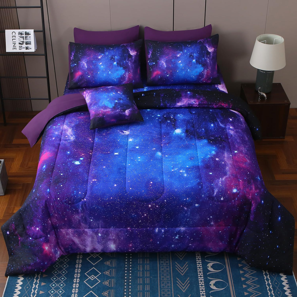 Jqinhome Full Galaxy Purple Comforter Sets Blanket,6 Piece Bed In A Bag 3D Outer Space Themed Bedding, All-Season Reversible Qui