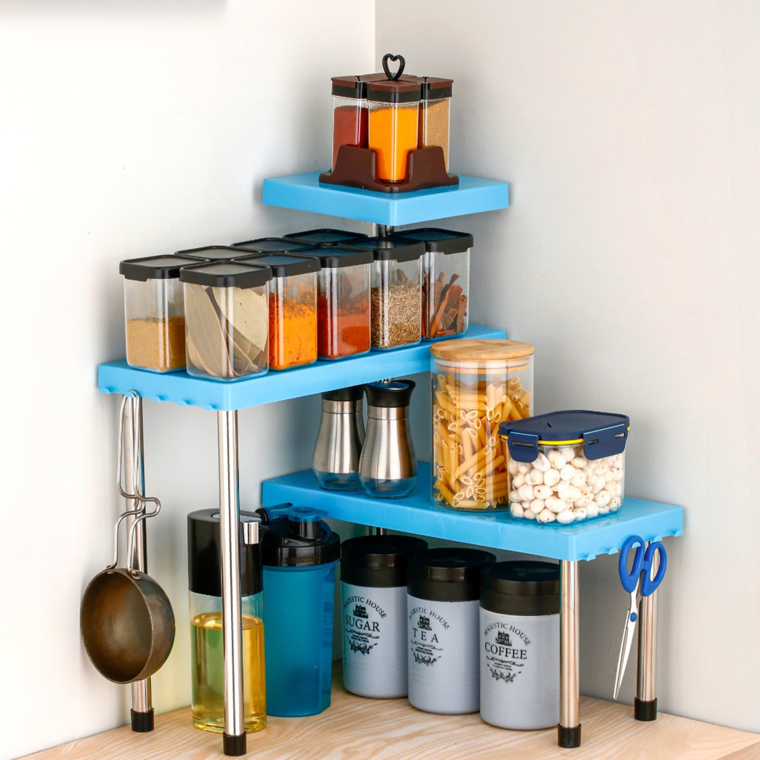 Zentro Countertop Organizer Rack | 3 Tier | Kitchen Corner Shelf | Adjustable Stand For Office, Cabinet & Bathroom | MultiPurpo
