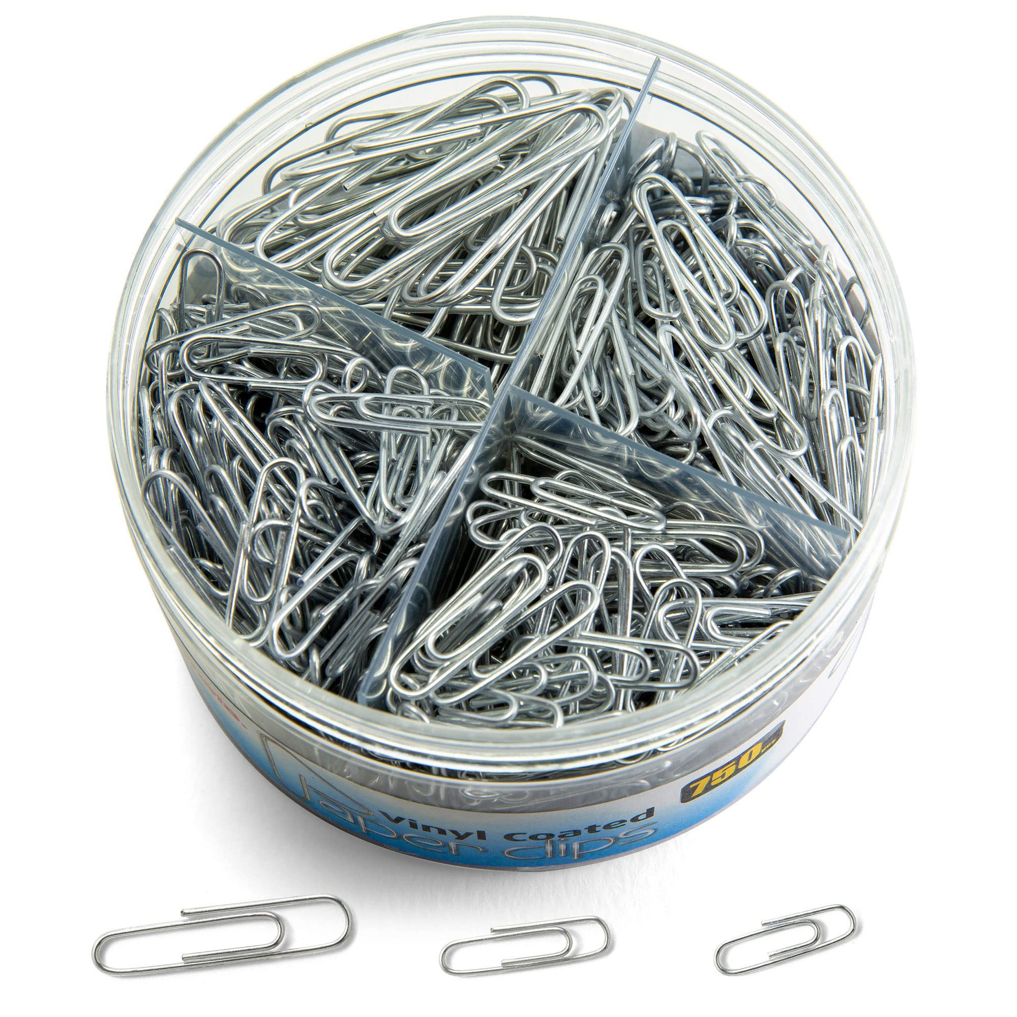 Officemate 750 Paper Clips, Vinyl Coated, Assorted Sizes, Reusable Storage Tub, For Office, School And Home Use, Silver (99970)