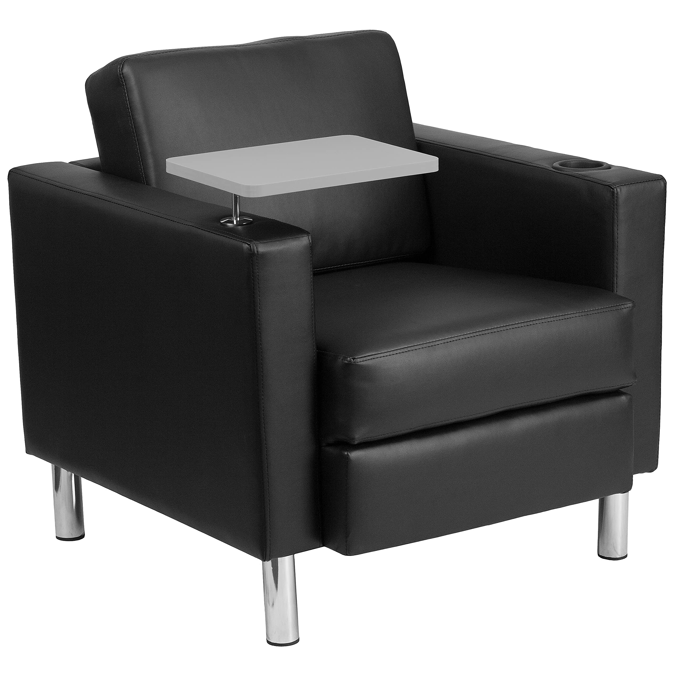 Flash Furniture George Black Leathersoft Guest Chair With Tablet Arm, Tall Chrome Legs And Cup Holder