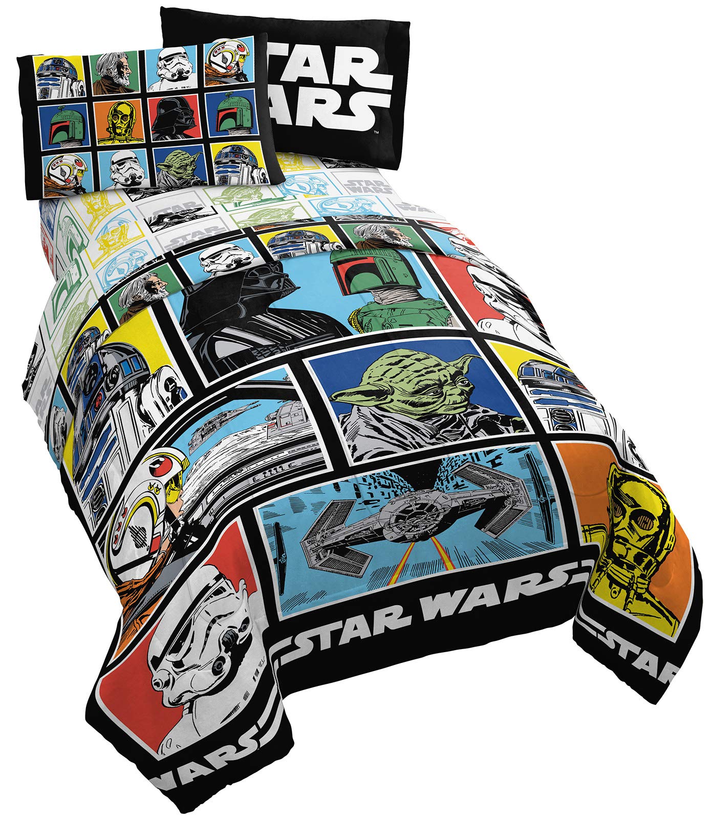 Jay Franco Star Wars Classic Grid 5 Piece Full Bed Set - Includes Reversible Comforter & Sheet Set - Bedding Features Luke Skywa