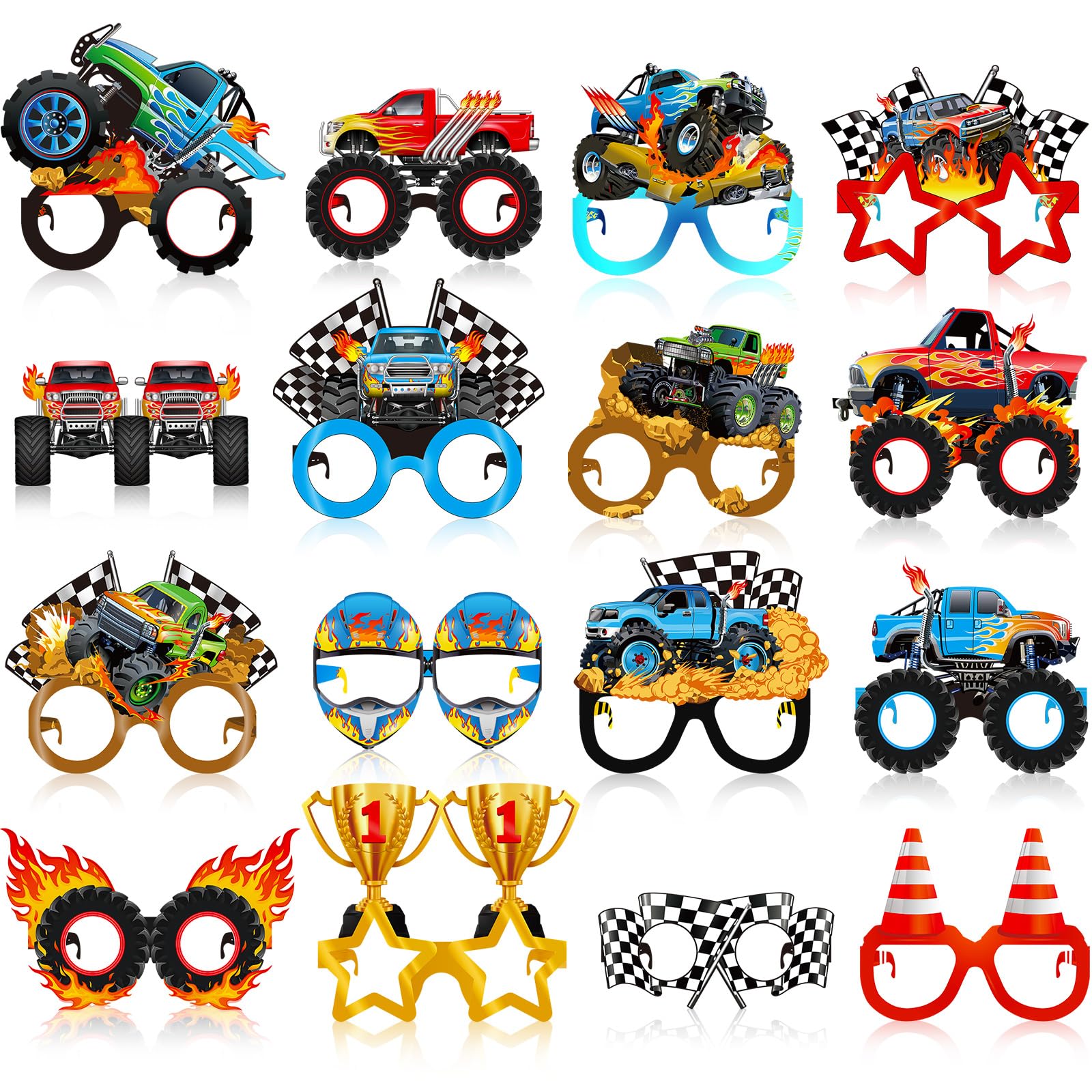 Jenaai 32 Pcs Monster Truck Party Decorations Trucks Paper Glasses Monster Truck Photo Booth Props Truck Theme Eyeglasses for Mo