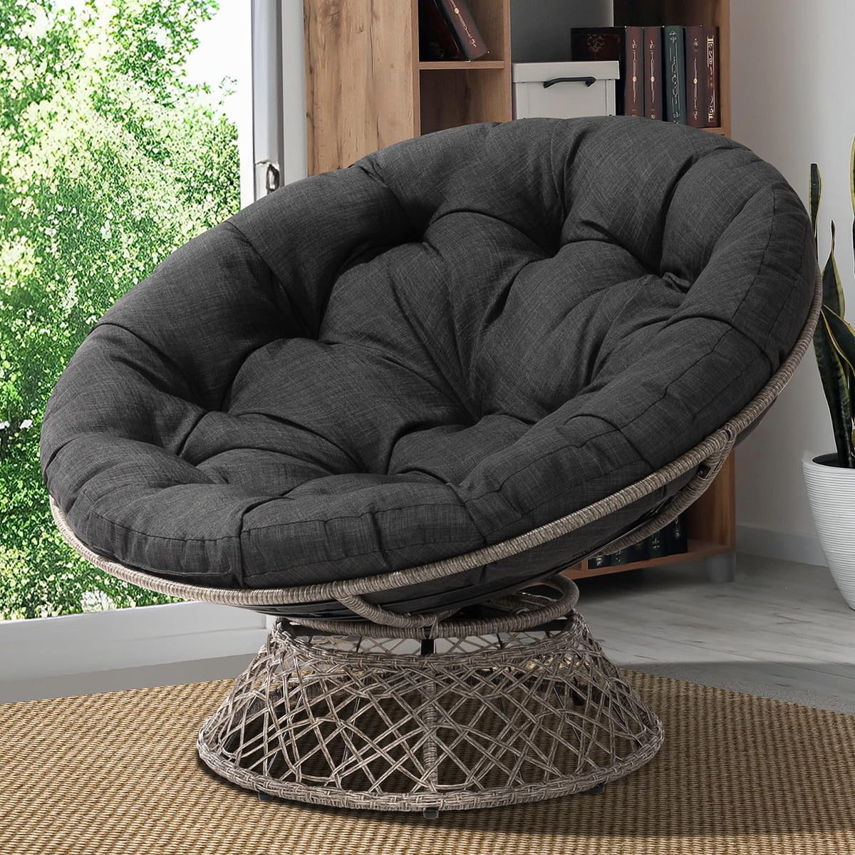 Bme Metal Oversized Swivel Papasan Chair, Living Room Chair With Black Cushion, Gray Frame, 360 Swivel, Skillfully Woven Resin W