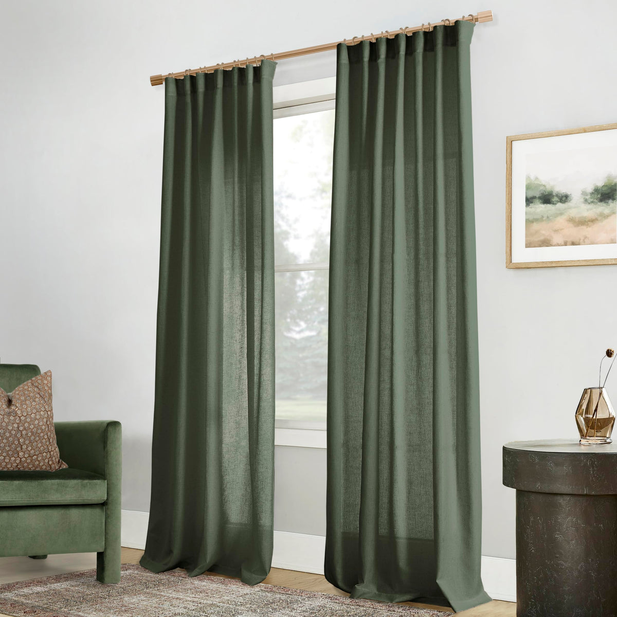 Panelsburg Linen Curtains For Living Room 108 Inches Long,Lightweight 9 Ft Curtains,Back Tab Dark Green Organic Boho Sheer Curta