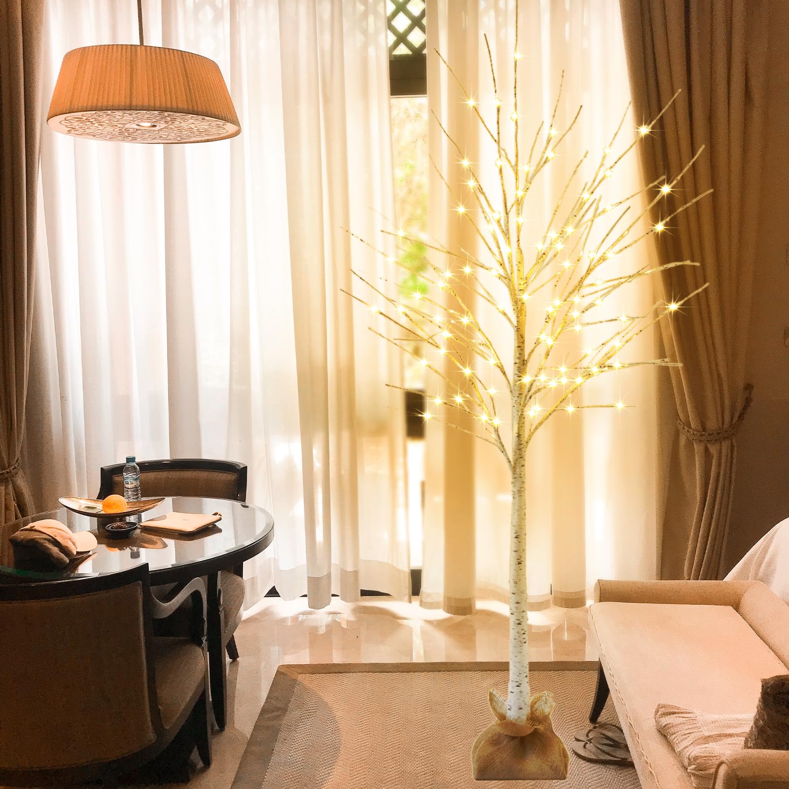 Holilluma Lighted Brich Tree, 6Ft 128 Led Christmas Tree With Burlap Decor, Warm White, Ip44 Waterproof, Power Supply By Adaptor