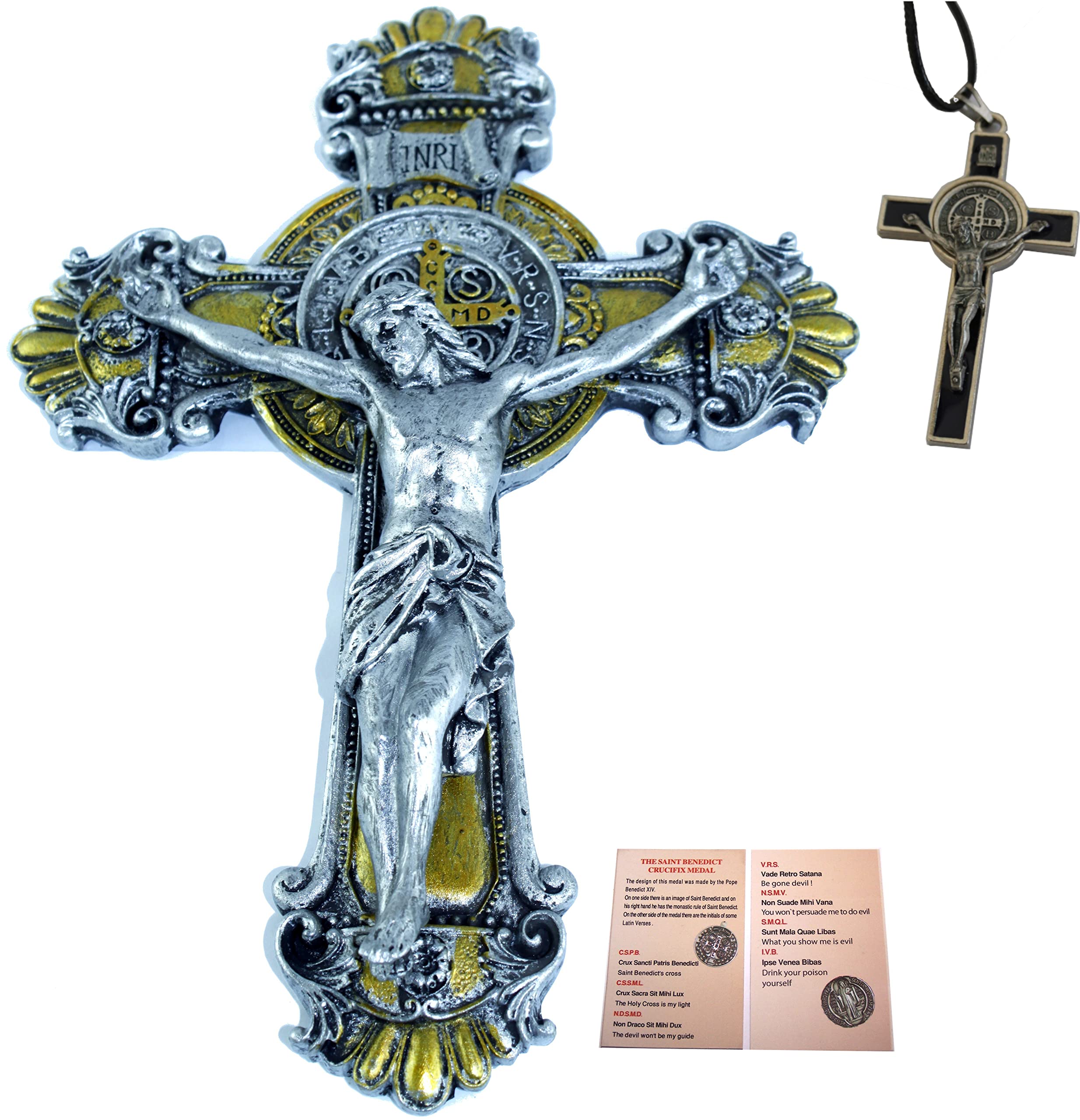 Holy Land Market Wall St. Benedict Cross/Crucifix Set (10 Inch and 3 Inches) (Silver/Gold Tones)