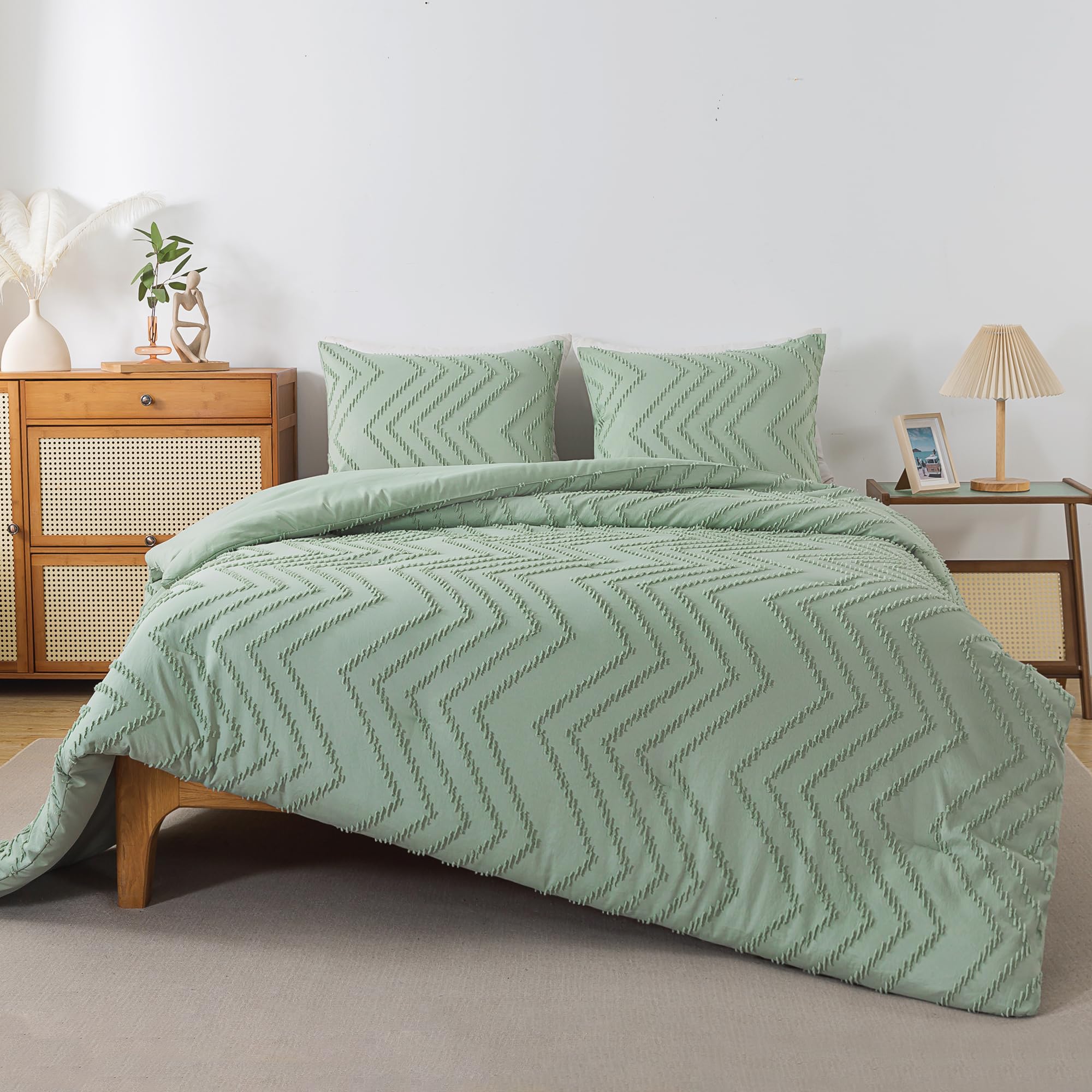 Andency Sage Green Comforter Full, Boho Soft Fluffy Warm Lightweight Bedding Comforter Sets For Full Bed, 3 Pieces Light Green Chevron Tufted Aesthetic Microfiber Lightweight Comforter Set