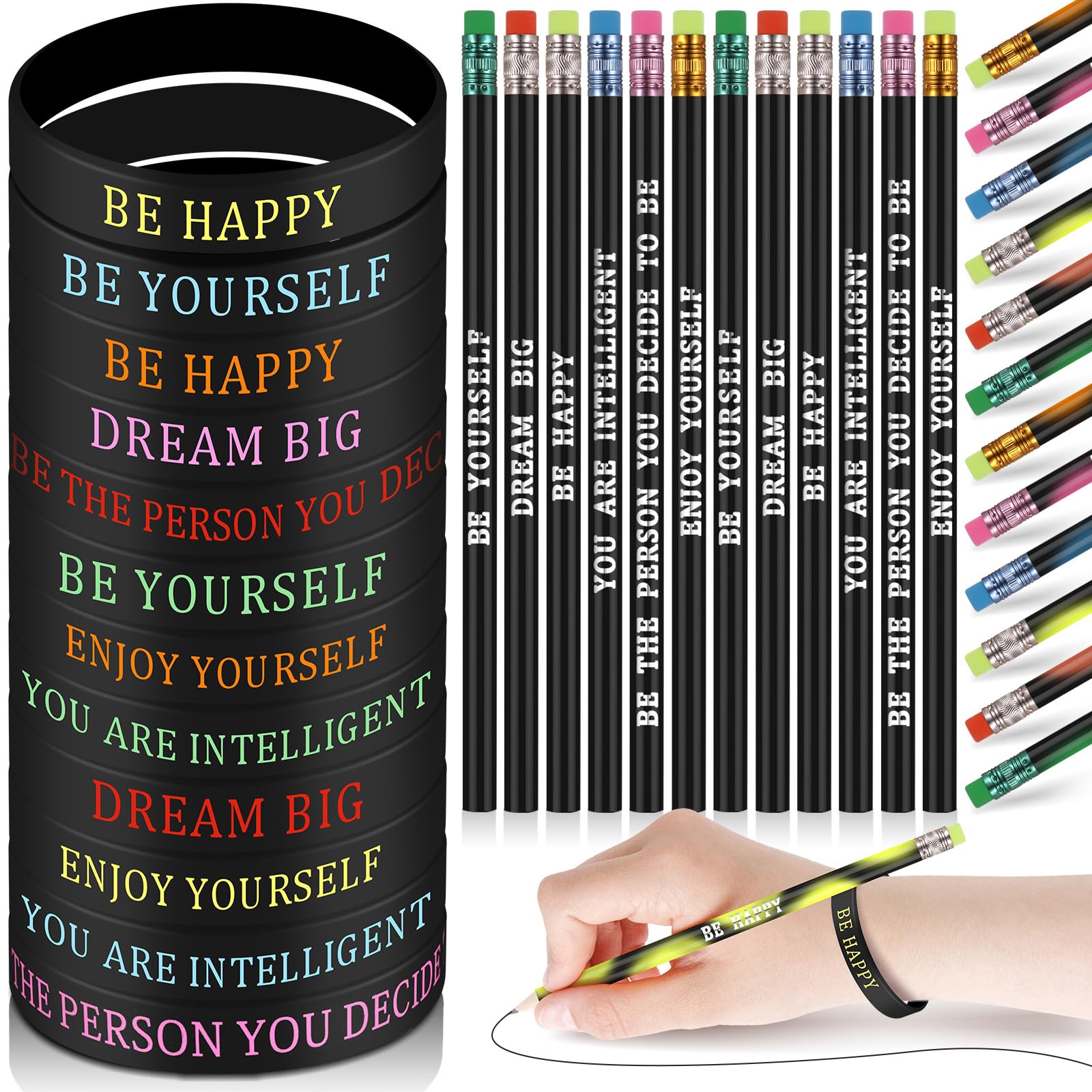 Sabary 48 Pcs Motivational Pencils Inspirational Silicone Bracelets Set Mood Pencil Motivational Quote Rubber Wristbands for Chr