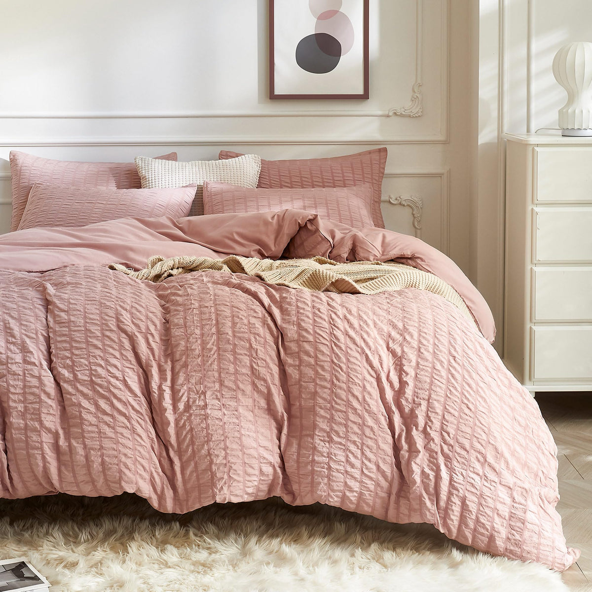 Jellymoni Smokey Pink Duvet Cover King Size, 3Pcs Washed Microfiber Bedding Set, Soft Breathable Seersucker Duvet Cover Set With