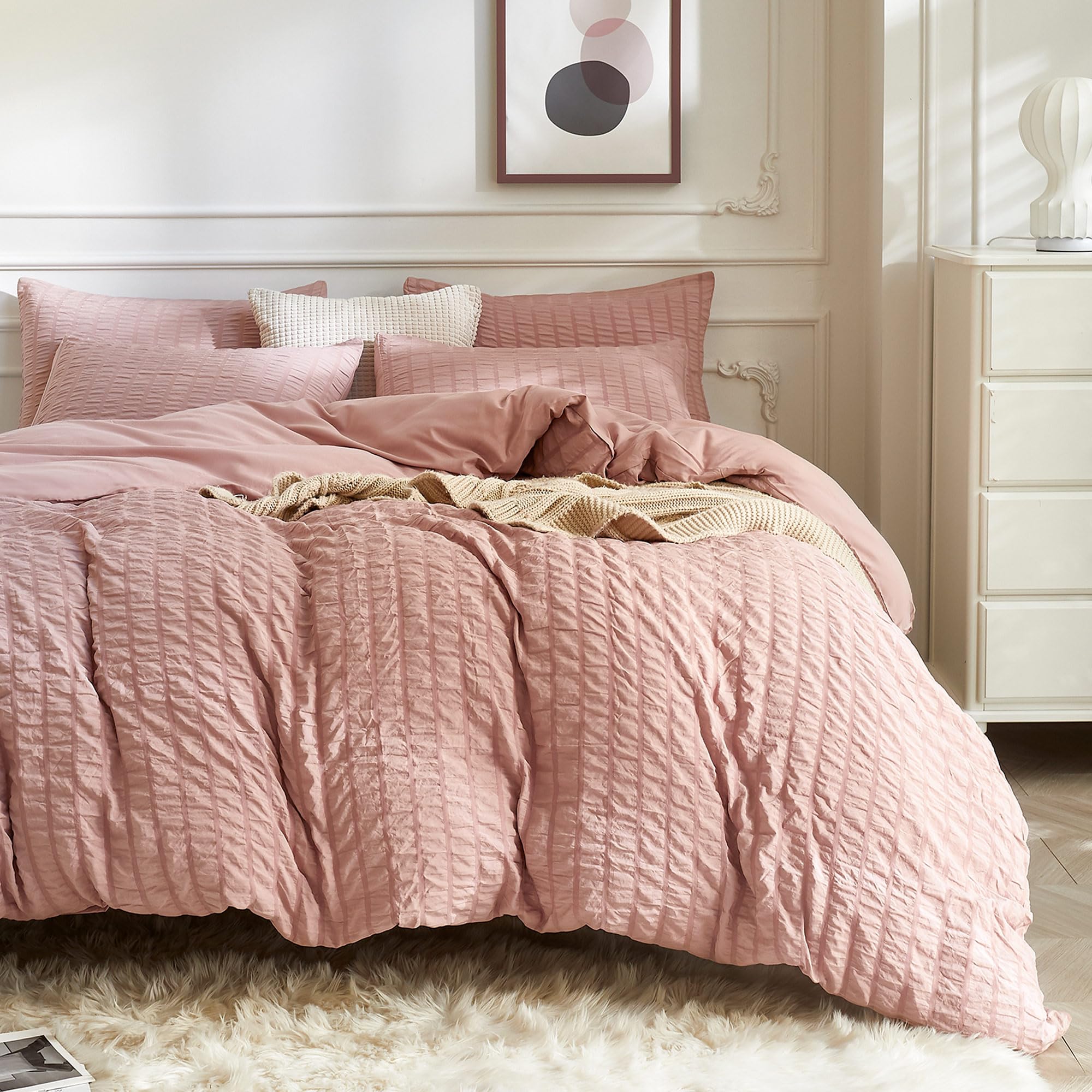 Jellymoni Smokey Pink Duvet Cover Queen Size, 3Pcs Washed Microfiber Bedding Set, Soft Breathable Seersucker Duvet Cover Set Wit