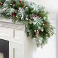 9ft Artificial Christmas Snow Garland with 50 led Lights Timer, Pine Cone, Christmas Red Berry Garlands Battery Powered Outdoor 