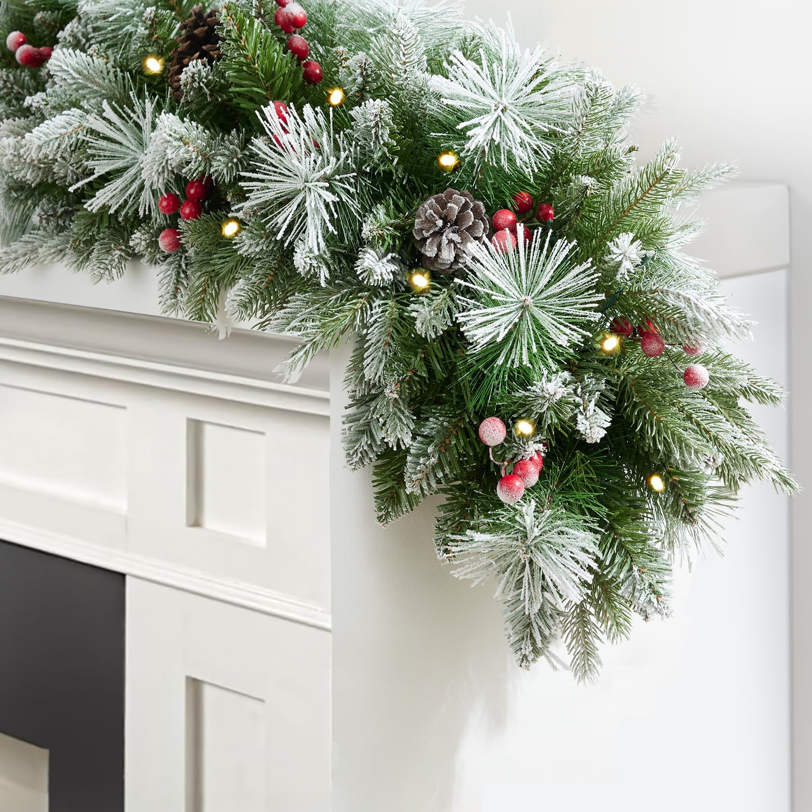 9ft Artificial Christmas Snow Garland with 50 led Lights Timer, Pine Cone, Christmas Red Berry Garlands Battery Powered Outdoor 