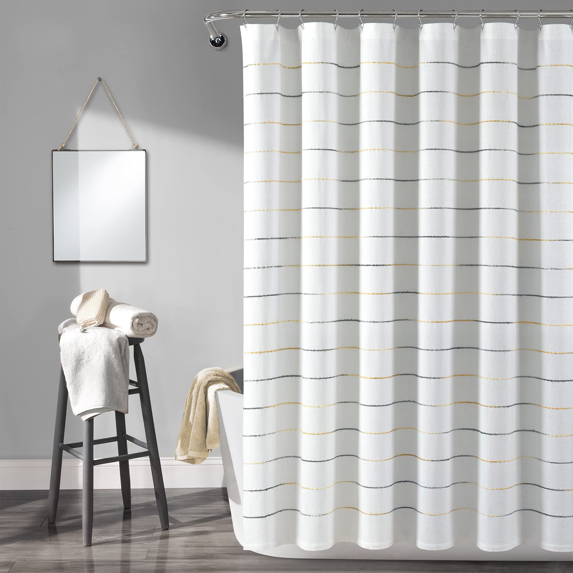Lush Decor Ombre Stripe Yarn Dyed Cotton Shower Curtain, 72' W X 72' L, Yellow & Gray - Colorful Tufted Stripes - Ombre Shower
