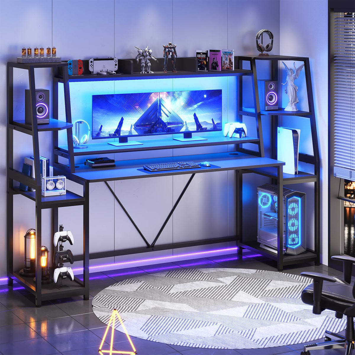 Sedeta Gaming Desk 78.8'' With Led Lights, Hutch And Storage Shelves, Computer Desk With Monitor Stand, Large Pc Gamer Desk Workstation, Ergonomic Gaming Table For Bedroom, Living Room, Black