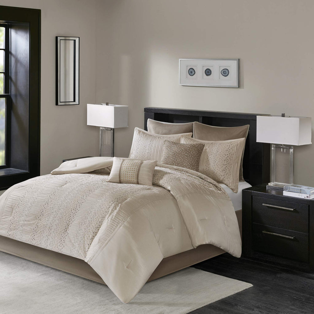 Madison Park Camelia Cozy Comforter Set-Trendy Design All Season Down Alternative Luxury Bedding With Matching Shams, Decorative Pillows, California King (104 In X 92 In), Natural 8 Piece