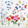 64 Pcs Flowers Butterflies Wall Decals Chrysanthemums Dragonflies Wall Sticker Botanical Peel and Stick Art Removable PVC Garden