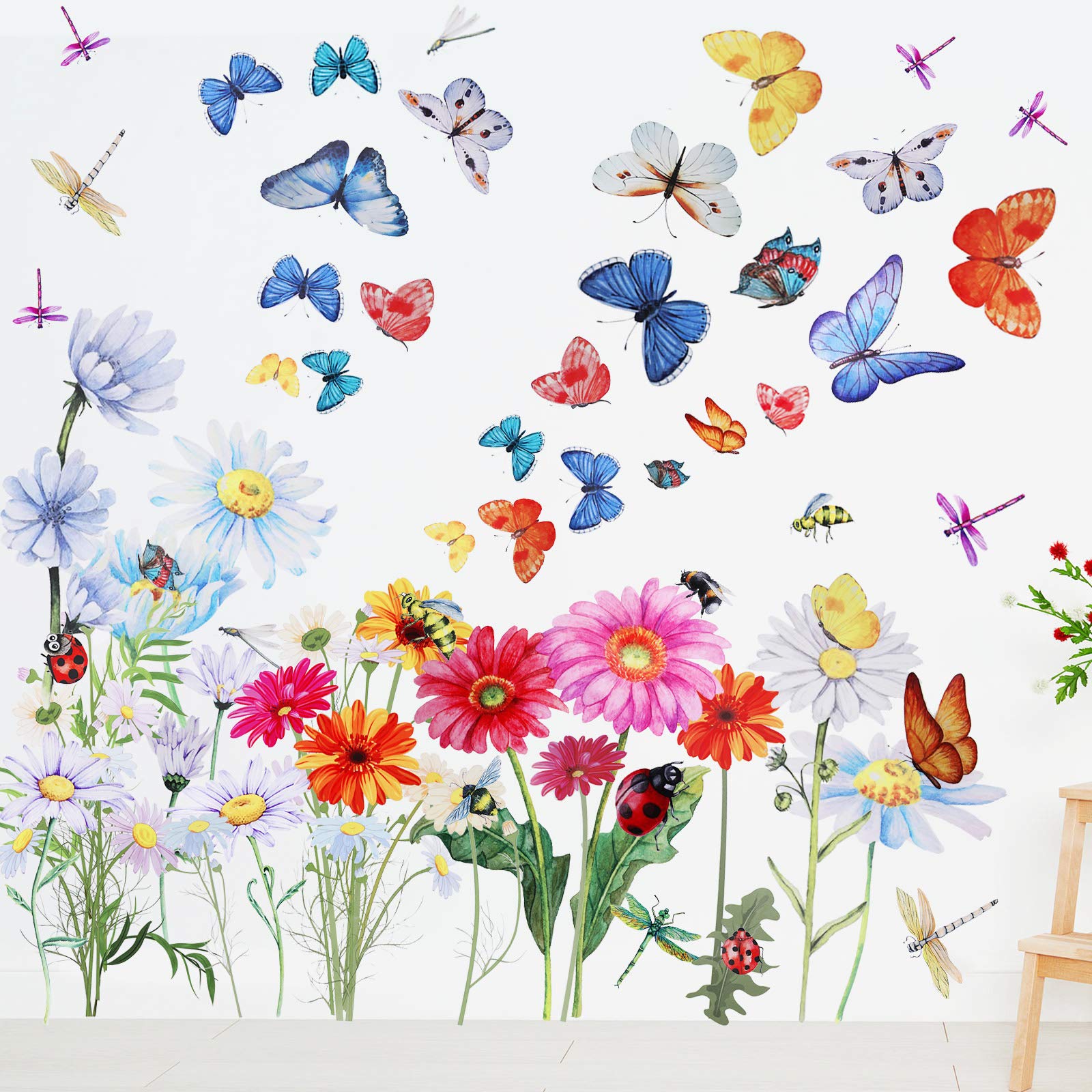 64 Pcs Flowers Butterflies Wall Decals Chrysanthemums Dragonflies Wall Sticker Botanical Peel and Stick Art Removable PVC Garden