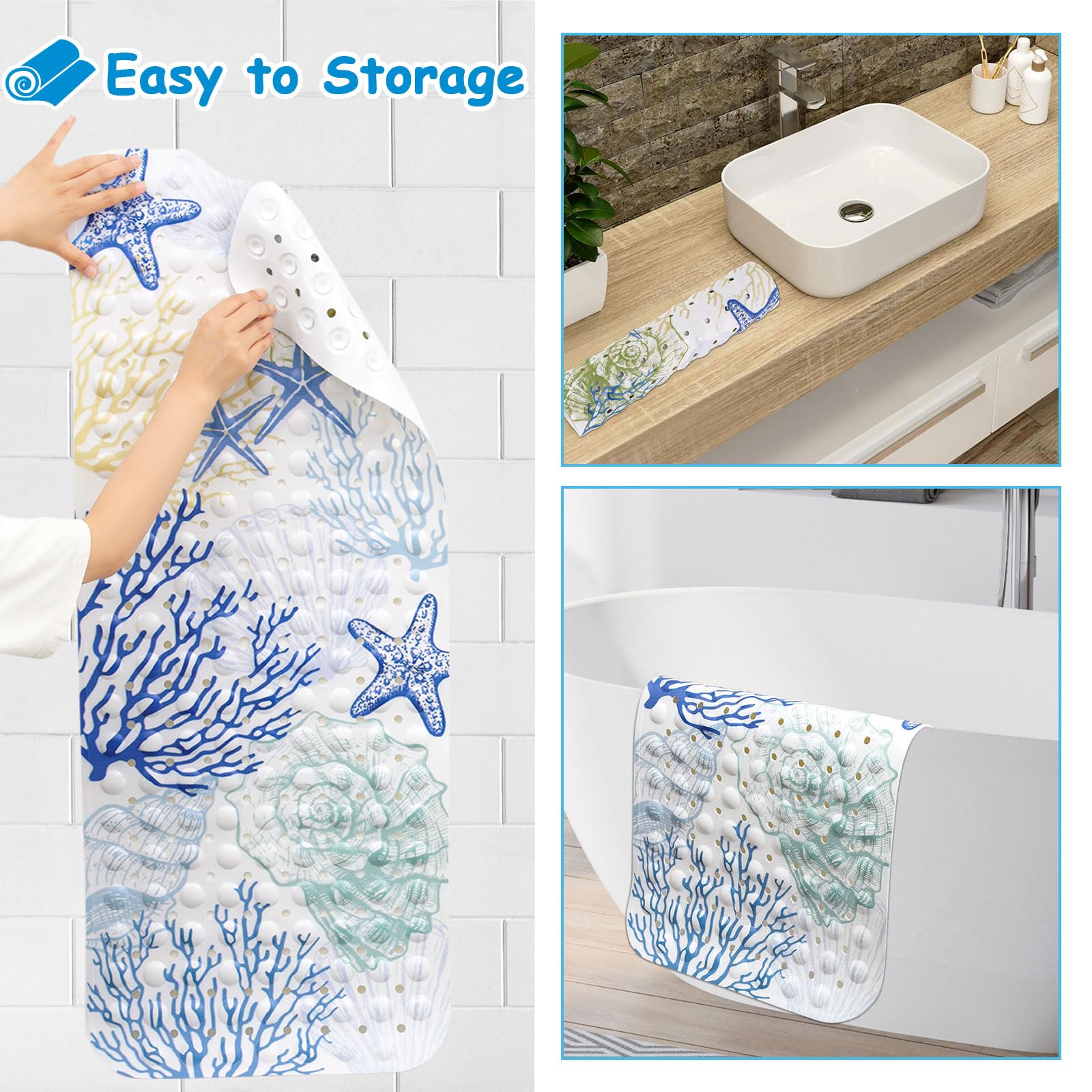 Topotdor Nautical Coastal Bathtub Mat Non Slip For Shower Tub, 40 X 16 Inch Extra Long Bath Mat For Elderly & Kids, Machine Wash